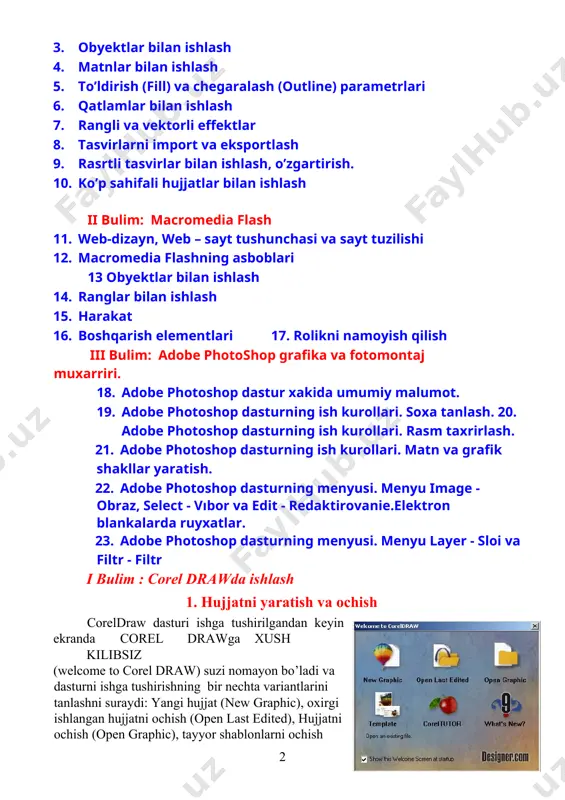 phic), oxirgi ishlangan hujjatni ochish (open last edited), hujjatni ochish (open graphic), tayyor shablonlarni ochish (template), dastur urgatuvchini ishga tushirish (corelturor), nima yangilik? (what is new?) yangi hujjatni yaratish uchun menuning fayl (file) va yangi hujjat buyrugi (new) yoki instrumentlar panelidagi maxsus tugma bosiladi. hujjatni ochish uchun, menuning fayl (file) va оchish (open) buyruglari yoki instrumentlar panelidagi maxsus tugmalar yordamida amalga oshiriladi. coreldraw dasturida bir vaqtning uzida bir nechta hujjatlar bilan ishlash imkoniyatlari bor, shu bilan birga kerak bo’lmagan hujjatlarni yopib qo’ysa ham bo’ladi. bu esa menuning fayl yopish(close) buyrugi erdamida amalga oshiriladi. dastur interfeysi dast ur ishga tushirilgandan keyin ekranda dastur oynasi nomayen bo’ladi, bu oyna foydalanuvchi interfeysi (user interface) yoki ishchi joyi (workspace) deb ataladi. interfeys foydalanuvchi va komputer orasidagi mulahotni o’rnatadi, ishlash uchun kerak bo’lgan barcha sharoyotni yaratadi. shuni nazarda tutish kerakki, interfeys foydalanuvshi tomonidan uzgartilgan bo’lib uz ko’rinishidan o’zgacha bo’lishi ham mumkin. . foydalanuvchi interfeysi quyidagilardan …