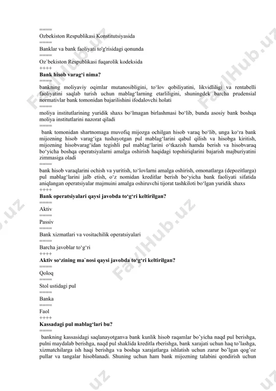 yoki bilvosita egalik qiladigan yoxud uni nazorat qiladigan jismoniy shaxs ==== tijorat asosida bank faoliyati, ya’ni mablag‘larni jalb qilish va kreditlarni taqdim etish, bank hisobvaraqlarini ochish va uni yuritish hamda to‘lovlarni o‘tkazish kabi amaliyotlarni amalga oshiruvchi kredit tashkilotidir. ++++ banklar banki tarifi qaysi banklarga berilgan? ==== tijorat banklariga ==== xususiy banklarga ==== markaziy banklarga ==== aksionerlik banklariga ++++ ўзбекистон республикаси банкларида бухгалтерия ҳисобини юритиш ва бухгалтерия ишларини ташкил қилиш тартиби тўғрисидаги йўриқнома качон тасдикланган ва руйхат раками? ==== 11.07.2008 №1834 ==== 12.08.2009 №1800 ==== 15.09.2010 №1534 ==== 14.04.2012 №1333 ++++ тижорат банкларида бухгалтерия ҳисобининг ҳисобварақлар режасини тасдиқлаш тўғрисидаги карор качон тасдикланган ва руйхат раками? ==== 26.11.2021 №3336 ==== 20.08.2020 №3334 ==== 25.09.2021 №1534 ==== 22.04.2021 №3333 ++++ хисобвараклар режаси неча булимдан иборат? 6 ==== 5 ==== 4 ==== 7 ++++ хисобвараклар режасининг биринчи булими кандай номланади? активлар ==== мажбуриятлар ==== капитал ==== харажатлар ++++ хисобвараклар режасининг иккинчи булими кандай номланади? …