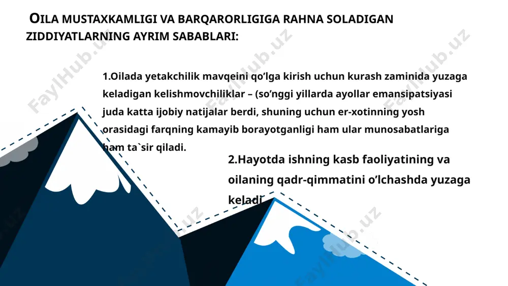 sosiy turlarga ajratish mumkin - er xotin ortasidagi nizolar; - qaynona kelin ortasidagi nizolar; - qaynona-kuyov ortasidagi nizolar; - ota-onalar va farzandlar ortasidagi nizolar. -ovsinlar o'rtasidagi nizolar biriktiruvchi nizolarning yuzaga kelishi asos bolgan muammolar va ularning hal qilinishi ham erning, ham xotinning, butun oilaning manfaatlariga qaratilgan boladi. uchinchi toifa oilalar nizodan keyingi vaziyat xarakteriga kora: nizolar qisman hal qilinadigan, zoriqishlarning kuchayishi, yangi nizoning yuzaga kelishi ular qisman hal qilinishi zanjirdagi oilalar bu 4 oilalar ichida eng harakterlisi va jiddiy etibor talab qilinadiganidir. ota-onalar farzandlar ortasidagi nizolar. bunday kelishmovchiliklar uchun zamin bolib quyidagilar xizmat qiladi. 1. dunyoqarashlar orasidagi mavjud farqning hisobga olinmasligi; 2. yoshlarning bosh vaqtini mustaqil tashkil etishi, dostlar tanlashdagi mustaqiligi, hissiyot sohasidagi mustaqilligi, umr yoldoshi tanlashda mustaqillik uchun ota-onalari bilan bzan kurash olib borishning xush kelmasligi. 3. ota-onalarining ruju qoyishi yoki or-nomusni yigishtirib qoyib, buzuqchilik qilishi. 4. bazi bolalarning mehnat qilishga orgatilmaganligi va buning oqibatida yengil-yelpi hayot kechirishga organib …