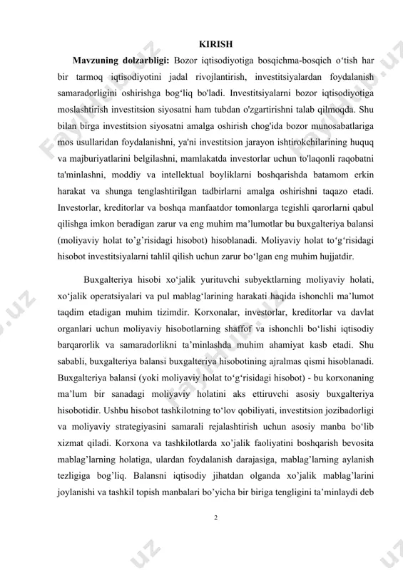 kreditorlar va davlat organlari uchun moliyaviy hisobotlarning shaffof va ishonchli bo‘lishi iqtisodiy barqarorlik va samaradorlikni ta’minlashda muhim ahamiyat kasb etadi. shu sababli, buxgalteriya balansi buxgalteriya hisobotining ajralmas qismi hisoblanadi. buxgalteriya balansi (yoki moliyaviy holat toʻgʻrisidagi hisobot) - bu korxonaning ma’lum bir sanadagi moliyaviy holatini aks ettiruvchi asosiy buxgalteriya hisobotidir. ushbu hisobot tashkilotning to‘lov qobiliyati, investitsion jozibadorligi va moliyaviy strategiyasini samarali rejalashtirish uchun asosiy manba bo‘lib xizmat qiladi. korxona va tashkilotlarda xo’jalik faoliyatini boshqarish bevosita mablag’larning holatiga, ulardan foydalanish darajasiga, mablag’larning aylanish tezligiga bog’liq. balansni iqtisodiy jihatdan olganda xo’jalik mablag’larini joylanishi va tashkil topish manbalari bo’yicha bir biriga tengligini ta’minlaydi deb aytsak bo’ladi. buxgalteriya hisobining asosiy tushunchalaridan biri bu “balans” hisoblanib u korxona va tashkilotlar uchun tayanch vazifasini bajaradi. keling shu o’rinda balans haqida ozgina ma’lumotga ega bo’lsak. “balans”so’zi lotincha so’z bo’lib,uning aynan tarjimasi “bis“ ikki karra va “lans” tarozi pallasi, ya’nitarozining ikki pallasining tengligi degan ma’noni, muvozanat tenglik ramzini bildiradi. …