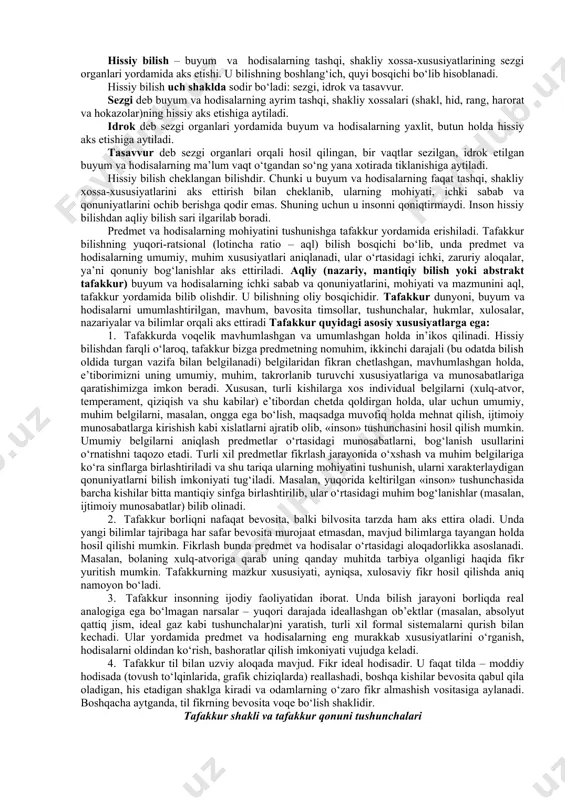 g mantiqiy qoida va metodlarini ishlab chiqishdir. mantiqning ilmiy-tadqiqot ob’ekti bo‘lib bilish usuli sifatidagi inson tafakkuri hisoblanadi. uning predmetiniesa insonni o‘rab turgan tashqi olamni bilib olishga yordam beradigan tafakkur qonunlari, qoidalari, shakllari, usullari tashkil etadi. mantiq ilmining o‘rganish ob’ektini tafakkur tashkil etadi. «tafakkur» ham arabcha so‘z bo‘lib, o‘zbek tilidagi «fikrlash», «aqliy bilish» so‘zlarining sinonimi sifatida qo‘llaniladi. tafakkur bilishning yuqori bosqichidir. uning mohiyatini yaxshiroq tushunish uchun bilish jarayonida tutgan o‘rni, bilishning boshqa shakllari bilan bo‘lgan munosabatini aniqlab olish zarur. bilish voqelikning, shu jumladan, ong hodisalarining inson miyasida sub’ektiv, ideal obrazlar shaklida aks etishidan iborat. bilish jarayonining asosini va oxirgi maqsadini amaliyot tashkil etadi. barcha hollarda bilish insonning hayotiy faoliyati bilan u yoki bu darajada bog‘liq bo‘lgan, uning ma’lum bir ehtiyojini qondirishi mumkin bo‘lgan narsalarni tushunib yetishga bo‘ysundirilgan bo‘ladi. bilish jarayonini amalga oshirar ekan, kishilar o‘z oldilariga ma’lum bir maqsadni qo‘yadilar. ular o‘rganilishi lozim bo‘lgan predmetlar doirasi, tadqiqot yo‘nalishi, shakllari va metodlarini …