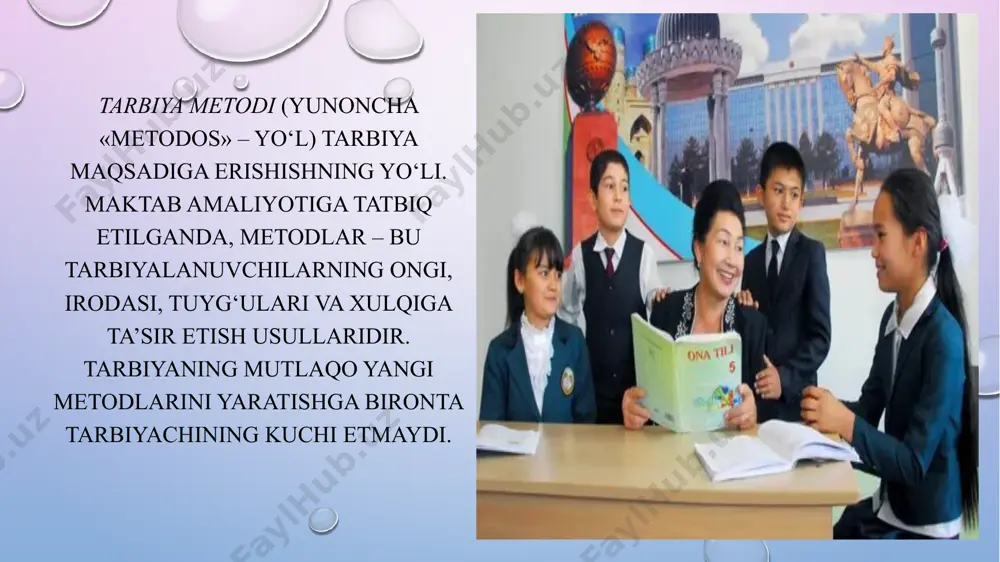 g intellektual va emotsional potensiali shaxs xatti-harakatlarining ijtimoiy me’yorlar bilan hamohangligida, o‘zini-o‘zi muntazam takomillashtirishga intilishi bilan namoyon etiluvchi axloqiy rivojlanishi rang-barangligi bilan belgilanadi. xalq pedagogikasida tarbiya metodlari. xalq pedagogikasi o‘zbekona axloq, odob va tarbiyaning barcha qirralarini o‘zida mujassamlashtirgan. xalq pedagogikasida turlicha tarbiya metodlari hamda vositalaridan foydalaniladi. bu metod va vositalar nihoyatda rang-barang bo‘lib, ko‘p jihatlari bilan ilmiy pedagogikadan ustunlik qiladi. binobarin, ushbu metodlar ilmiy pedagogikaning shakllanishiga ham o‘z ta’sirini o‘tkazgan. xalq pedagogikasida qo‘llanilgan xilma-xil tarbiya metodlarini quyidagi tarzda umumlashtirish mumkin. tushuntirish (hikoya qilish, o‘rgatish). mashqlantirish (odatlantirish, mashq qildirish). namuna (maslahat berish, uzr so‘rash, yaxshiliklar xaqida so‘rash, o‘rnak bo‘lish). nasihat qilish, o‘git (undash, ko‘ndirish, iltimos qilish, yolvorish, tilak-istak bildirish, ma’qullash, rahmat aytish, duo qilish, oq yo‘l tilash va hokazolar). qoralash va jazo (ta’kidlash, ta’na, gina, tanbeh berish, majbur qilish, koyish, ayblash, uyaltirish, qo‘rqitish, nafratlanish, ont-qasam ichirish, urish, kaltaklash va hokazolar). agar e’tibor berilsa, yuqoridagi beshta metod umumiy yaxlitlikni ifodalaydi. oldin bolaga …