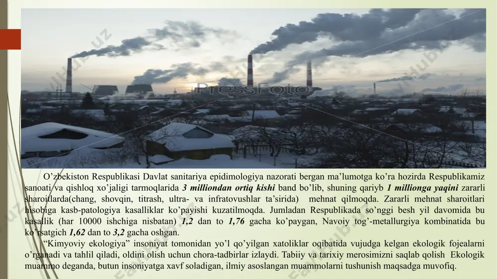 da freonlardan keng foydalanish tufayli hamda aviatsiya gazlari, atom bombalarini portlatishlar atmosferada etarli miqdorda ozon to'planishiga imkon bermayapti. chuchuk suv muammosi: quruqlikda chuchuk suv va uning biosferadagi roli nihoyatda katta. gidrosferada chuchuk suv miqdori juda oz (2-2,5 %). jamiyatning rivojlanishi bilan aholining chuchuk suvga bo’lgan talabi ortib bormoqda. bizning asrimizda chuchuk suvdan foydalanish 7 marta ortgan. yiliga 3-3,5 ming km3 suv sarflanadi. qurg'oqchil zonalarda daryolar suvidan to’liq foydalanilgan xolda ularning suvi yetmay qolmoqda. 1980 yil boshlarida bundav holat afrika, avstraliya, italiya, ispaniya, meksika, nil, amudaryo, sirdaryo va ba'zi bir boshqa daryolarda kuzatila boshlandi. daryolarning sanoat va maishiy zaxarli moddalar bilan ifloslanishi o'sib bormoqda. sanoat yiliga 160 km3 sanoat va oqova suvlarini daryolarga tashlaydi. bu ko’rsatgich daryolarning umumiy suv miqdorining 10% ini tashkil etadi. daryolardagi toza suvlarda yildan yilga har xil yerigan moddalar, zaxarli kimyoviy moddalar va bakteriyalarning miqdori ortib bormoqda. pestitsidlardan foydalanish muammosi. . ular tuproq va suvlardan o’simliklarga undan …