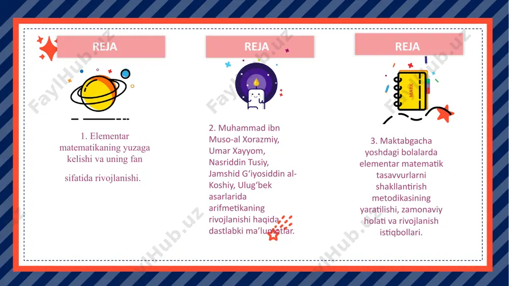 ol ishtirok etdi. algebra, algoritm so‘zlari matematik, astronom va geograf, «xozirgi zamon algebrasining otasi «al — xorazmiy nomi bilan bog‘liqdir. uning «al — jabr val-muqabala» risolasi keyinchalik evropada «algebra» deb ataladigan bo‘ldi. ayni shu asar tufayli al-xorazmiy nomidan xii asr boshlarida «algoritm» termini paydo bo‘ldi. niy markazi hisoblangan bog‘dodga taklif qilingan. xorazmiy saroyda sermarali ijod qilib, sharqning dastlabki akademiyasi («bayt- ul — xikmat») «donolar uyi "da faol ishtirok etdi. algebra, algoritm so‘zlari matematik, astronom va geograf, «xozirgi zamon algebrasining otasi «al — xorazmiy nomi bilan bog‘liqdir. uning «al — jabr val-muqabala» risolasi keyinchalik evropada «algebra» deb ataladigan bo‘ldi. ayni shu asar tufayli al-xorazmiy nomidan xii asr boshlarida «algoritm» termini paydo bo‘ldi. muxammad ibn muso xorazmiy muxammad ibn muso xorazmiy 783 yilda xorazmda, xivada tug‘ilgan. yoshligidan ilm — fanga qiziqqan. kunt bilan arab, fors, hind va yunon tillarini o‘rgangan. donishmand sifatida tanilgan, ix-asr boshlarida o‘z davrining katta ilmiy va madaniy markazi …