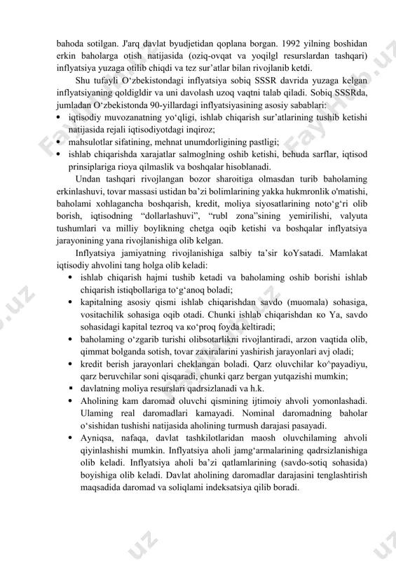 ijorat banklarining investitsiya va kredit faoliyatini rag^atlantirish; · soliq tizimini takomillashtirish va ushbu yo‘nalishda asosiy e'tibomi soliqlaming ragfcatlantiruvchi funksiyasiga qaratish; · davlat tomonidan kichik biznes va xususiy tadbirkorlikni qollab-quwatlash; · mamlakat ichida mahsulotlar, valyuta, kredit yer, ko‘chmas mulk, mehnat va qimmatli qog'ozlaming yagona bozorini shakllantirish hamda uni rivojlantirish; · pul-kredit siyosatini iqtisodiyotning rivojlanishi holatiga asosan o‘zgartirib turish; · tashqi iqtisodiy faoliyatni erkinlashtirish va mahsulotlar, ishlar, xizmatlami eksport qilishni rag*batlan tirish; · erkin bozor baholarini saqlagan holda daromadlar, xarajatlar va narx-navoni davlat tomonidan tartibga solish va uni nazorat qilish; · davlat byudjet taqchilligini noinflyatsion yollar bilan qisqartirish; · davlatning strategik oltin-valyuta zahiralarini chuqur tahlil etish va ulardan oqilona foydalanishdan iboratdir. o‘zbekiston respublikasida amalga oshirilgan pul islohotlari va ularning o‘ziga xos xususiyatlari. o'zbekistondagi inflyatsiya bu mustaqil o‘zbekiston zaminida vujudga kelgan inflyatsiya emas. tarixan bu inflyatsiya sobiq sssrda yuzaga kelgan. bu inflyatsiyaning umumiy iqtisodiy sababi davlat boshqaruvida iqtisodga nisbatan siyosatga ko‘p e’tibor berilganidadir. …