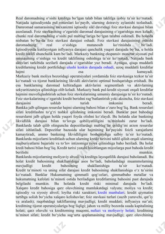 ivojlanayotgan davlatlarda inflyatsiya darajasining nisbatan yuqori va nobarqaror ekanligi tijorat banklarining kredit portfelida qisqa muddatli kreditlarning salmog’ining yanada oshishiga sabab bo’ladi. inflyatsiya darajasi nisbatan yuqori bo’lmagan va barqaror bo’lgan sharoitda o’zoq muddatli kreditlar xajmini oshirish tijorat banki daromad bazasini mustaxkamlashning sinalgan usullaridan biri hisoblanadi. tijorat banklari tomonidan berilgan jami kreditlar hajmida muddati o’tgan kreditlar salmog’ining o’zgarishi. tijorat banklari tomonidan berilgan jami kreditlar hajmida muddati o’tgan kreditlar salmog’ining o’zgarishi kredit siyosatining samaradorligini tavsiflovchi asosiy ko’rsatkichlardan biri hisoblanadi. rivojlangan xorijiy davlatlarda bank amaliyotida, xususan, g’arbiy evropa davlatlarining bank amaliyotida muddati o’tgan kreditlar jami kredit qo’yilmalari hajmidagi salmog’ini 3 foizdan oshmasligi normal xolat hisoblanadi. bu ko’rsatkichning yo’l qo’yilishi mumkin bo’lgan chegaraviy miqdori 5 foizni tashkil qiladi. kreditlardan olingan foizli daromadlarning jami foizli daromadlar hajmidagi salmog’ining barqarorligini ta’minlash. tijorat bankining moliyaviy barqarorligini ta’minlashning birlamchi omillaridan biri kreditlardan olingan foizli daromadlarning jami foizli daromadlar hajmidagi yuqori va barqaror darajasini ta’minlash hisoblanadi. buning boisi shundaki, kreditlash …