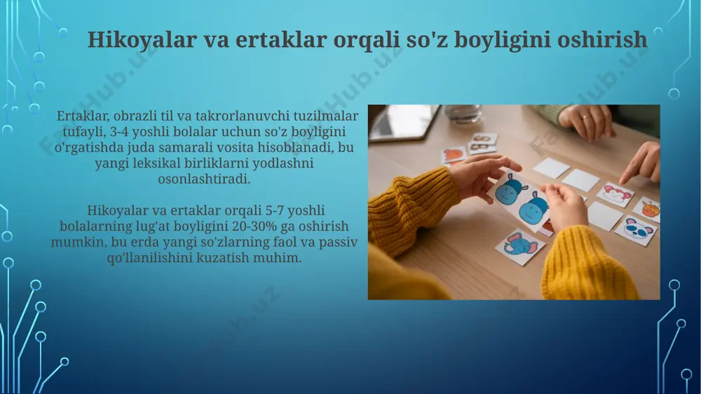 uchun lug'at boyitishda 50-70 ta yangi so'z va ularning sinonimlari, antonimlari bilan tanishtirish, semantik maydonlarni shakllantirishga yordam beradi. zamonaviy texnologiyalarni qo'llash zamonaviy interaktiv o'yinlar, masalan, 3d animatsion kartalar va onlayn lug'atlar yordamida bolalarning so'z boyligini 20% ga oshirish mumkin, bu ularning faol bilim olish jarayonini tezlashtiradi. virtual reallik texnologiyalaridan foydalanib, 360° videolar orqali bolalarga 15 ta yangi so'z va ularning kontekstda qo'llanilishini ko'rsatish orqali lug'aviy ko'nikmalarni rivojlantirish mumkin. rasmlar va vizual vositalardan foydalanish vizual vositalar, masalan, flash-kartalar yoki interaktiv o‘yinlar yordamida 10-15 ta yangi so‘zni o‘rgatish samaradorligini sezilarli darajada oshirish mumkin. rasmlarni 5-7 yoshli bolalar uchun sodda va rang-barang qilib tanlash, ularning lug‘at boyligini oshirishda muhim ahamiyatga ega, chunki bu yoshdagi bolalar vizual ma’lumotlarni yaxshi qabul qiladilar. nostandart usullardan foydalanish nostandart o‘quv materiallaridan, jumladan, qo‘g‘irchoqlar, didaktik o‘yinlar va 15 ta turli predmetlardan foydalanish bolalarning lug‘at boyligini 50% ga oshirishi mumkin. nostandart usullar, masalan, teatrlashtirilgan o‘yinlar yordamida 5-7 yoshli bolalar lug‘atini …