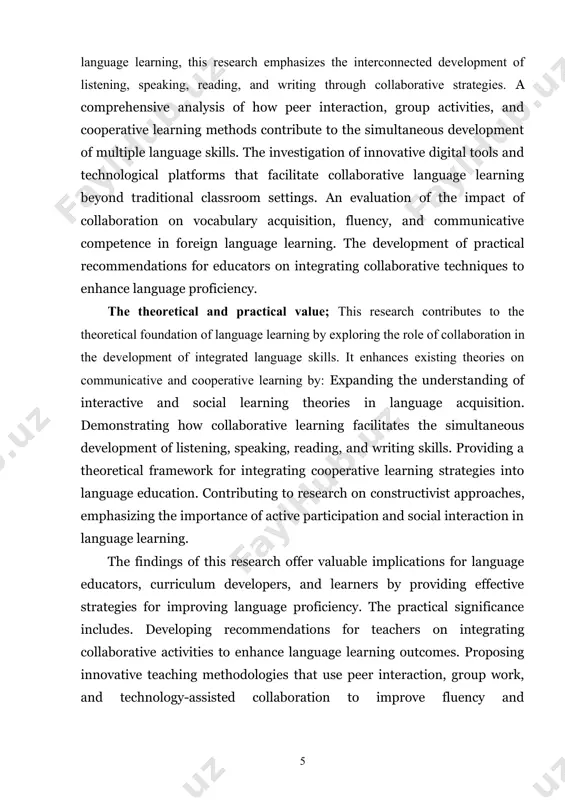 t interaction among learners fosters greater engagement, comprehension, and retention of knowledge. theoretical perspectives suggest that language is acquired most effectively when learners are actively involved in meaningful communication, negotiating meaning, and co-constructing knowledge within a social context. vygotsky’s sociocultural theory emphasizes the significance of social interaction and the zone of proximal development (zpd), highlighting how learners can achieve higher levels of understanding with the guidance of more knowledgeable peers or instructors. scaffolding, a key concept in this framework, illustrates the process by which learners receive support to accomplish tasks they would otherwise find difficult to complete independently[footnoteref:2]. constructivist learning theories, particularly those advanced by piaget and bruner, further contribute to understanding collaborative language learning. piaget’s notion of cognitive development posits that learners construct knowledge through active engagement with their environment. in collaborative settings, learners challenge each other’s viewpoints, leading to cognitive conflict and subsequent restructuring of knowledge. bruner’s concept …