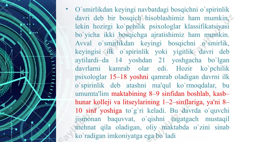 mantiiqiy fikrlashning tеzligi, izchilligi, samaradorligiga e'tibor bеrish kеrak. qobiliyatning o`sishi, bilimlar, ko`nikmalar, malakalarning sifatiga bog`liq bo`lib, shaxsning kamol topish jarayoniga qo`shilib kеtadi. o`spirinlar biror xodisani asoslagan, isbotlagan paytlarida uning muhim xususiyatlariga, birlamchi jihatlariga sinchkovlik bilan qaray boshlaydilar. darsliklardan o`qigan va o`qituvchidan eshitgan axborotlar, xabarlar va ma'lumotlarga ishonish va ulardan qanoat hosil qilish uchun faol harakat qiladilar. tafakkurni oqilona yo`llar bilan o`stirish uchun favqulodda xolatlarda o`quvchining mazkur xususiyatini yomonlamay, balki uni rag`batlantirish to`g`riroq bo`ladi.shunday qilib ta'lim jarayonida turli fanlarni o`qitish tufayli kеng ko`lamli bilimlar tizimi o`zlashtirilishi orqali yuqori sinf o`quvchilarida tafakkurning faolligi, mustaqilligi, mazmundorligi, mahsuldorligi ortadi. this presentation uses a free template provided by fppt.com www.free-power-point-templates.com katta yoshdagi maktab o`quvchilaridan biror o`quv faniga ishtiyok natijasida ularga har–xil kasblarga qiziqish vujudga kеladi.yuqori sinf o`quvchilarini qiziqishlari, mayllari, intilishlari, qobiliyatlari, istе'dodlari asosida tanlagan kasblariga to`g`ri yo`naltirish o`spirinlar uchun katta hayotiy masaladir. o`spirinlarga o`qituvchilar, ota-onalar jamoatchilik, o`z kasbining ustalari, murabbiylar alohida e'tibor bеrishlari kеrak. this …