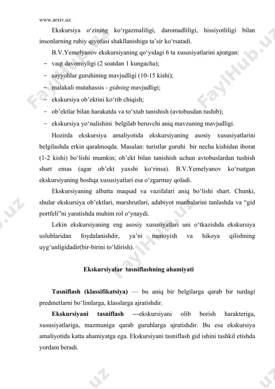 madaniy; · adabiy; · arxitektura qurilishi. qatnashuvchilar tarkibiga ko‘ra: · katta yoshdagi odamlar uchun; · maktab yoshdagi bolalar uchun; · yosh bolalar uchun; · mahalliy aholi; · boshqa shahardan kelganlar; · horijiy mehmonlar uchun. qatnashuvchilar tarkibiga ko‘ra ekskursiya ob’ektlari, ma’lumotlar, hikoya mazmunlariga o‘zgarishlar kiritiladi. xorijiy mehmonlar ekskursiya davomida gidga ko‘proq savol berishadi va u bunga tayyor turishi kerak. gid hikoya qilib berayotgan ma’lumotlar hammaga ma’lum ekanligini unutmasligi, haqiqatdan uzoqlashmasligi ham muhimdir. gid uchun sayyohlar tarkibini o‘rganish, bilish ekskursiyani samarali o‘tishining asosidir. ekskursiyaning o‘tkazish joyiga ko‘ra: · shaharda; · shahardan tashqarida; · ishlab chiqarish ob’ektlarida; · muzeylarda; · madaniy (diniy) inshootlarda; · tabiat yon bag‘rida; · cho‘llarda bo‘lishi mumkin va b.bo‘lishi mumkin. shahar ekskursiyalari ko‘rgazmali va tematik bo‘ladi. unda shaharning barcha joylarini yoki bir qismini ko‘rsatish mumkin(eski shahar, bozorlari, maydonlar). shahardan tashqarida ekskursiya avtobusda va piyoda tashkil etilishi mumkin. avtobusli ekskursiyalar odatda 100 km dan uzoq bo‘lmaydi. piyoda ekskursiyada guruhni aniq …