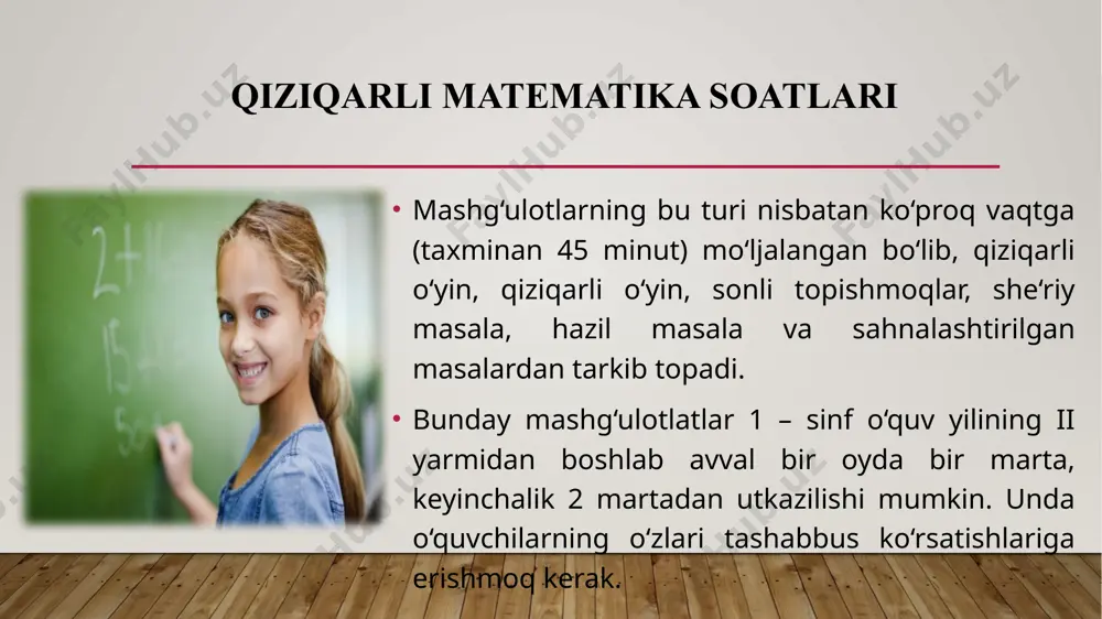 iqarli matematika” to’garagi mashg’ulot ishlanmalari to’garakning maqsad va vazifalari matematika to‘garagi ishi, uni to'g'ri tashkil qilganda va uni o‘tkazish metodikastdan to'g'ri foydalanganda, o‘quvchilarda matematikaga qiziqish uyg'otish va bu qiziqishni rivojlantirish, ularning bilish aktivlari va matematik qobiliyatlarini rivojiantirishga imkon beradi. mustaqil ishlash ko‘nikmalarini singdiradi, o‘z kuchlariga ishonchni, qiyinchiliklarini mustaqil bartaraf qilish qobiliyatini tarbiyalaydi. bolalar to‘garak ish jarayonida o‘zlarining matematika jihatidan o‘sganliklarini, yangi bilimlar va malakalar olganliklarini anglab yetishlari katta ahamtyatiga ega. shu boisdan o‘tkaziladigan mustaqil ishlar natijalarini o‘quvchilarning umumiy va individual muvaffaqiyatlarini ta'kidlagan holda to‘la batafsil tahlil qilish kerak sonlar ensiklopediyasi 1. bizning shior: 1 kishi hamma uchun, hamma 1 kishi uchun. 2. har qanday sonni 2 ga ko‘paytirish uni o‘zini-o‘ziga qo‘shish bilan teng demakdir. 3. "3" baho mukofot emas, sadaqa. (maktab maqoli) 4. kompas 4 tomonni ko'rsatadi (ular qaysi tomonlar?) image2.png image3.png image4.png image5.png image6.png image7.png image8.png image9.png image1.jpg /docprops/thumbnail.jpeg