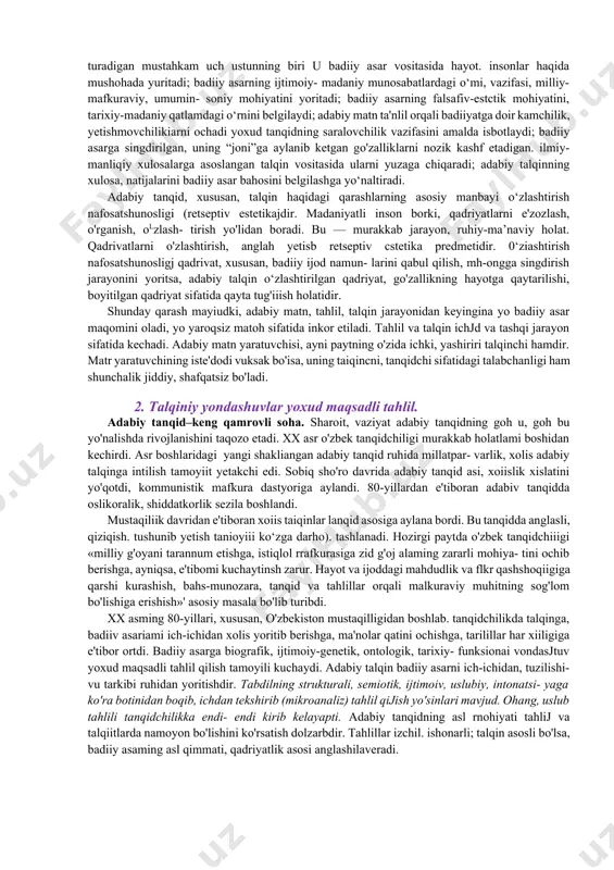 ksaklikka ko'tarishda, insoniv fazilatlarni kamol toptirishda shunchaiik qudratii ma'rifly qurolga ega bo'lamiz. ayni pavtda bu vazifa, ilgari ham aytganimdek, har birimizni navoiyni yanada yaxshjroq o‘qishga, kavoiyni yanada tcranrcq o'rganishga, uning umr daftaridan ibrat va saboqlar olib yashashga da'vat etadi»'. qadriyadami qadrlab, mangu barhayol asarlami lushunib, his qilib, talqin etish. yaratilayotgan ko'piab asarlarning sarasini bexato ajrata bilish fikrlovchi, sinchkov insonlarning murakkab yumushidir. mustaqillik yillarida kishilariinizdagi mushohadakorlik, talqin qila bilish uquvi o‘sdi. milliy mafkura, istiqlol g'oyasining ilm-fan, xususan. o'zbek adabiyotshunosiigi va tanqidchiligiga singib borishi badiiy asarlar - adabiy matnning mukammai, ilmiy tahlii va talqinida namoyon bo iadi.tahlil va talqin nafaqat hozirgi o'zbek adabiyoti, balki mumtoz adabiyotimiz, jahon adabivoti noyob namunalarining asosli tahlil, teran talqini orqaii miliiy matlcura. istiqlol g‘oyasini yoritib bcrishi mumkin.tahlil va talqinlar — badiiy asar bahosini belgilashdagi bosh mezon. ayni vaqtda ular adabiy tanqidning muhim tarkibiy asoslari. adabiy tanqid esa — adabiyotshunoslikni tutib turadigan mustahkam uch ustunning biri u badiiy …