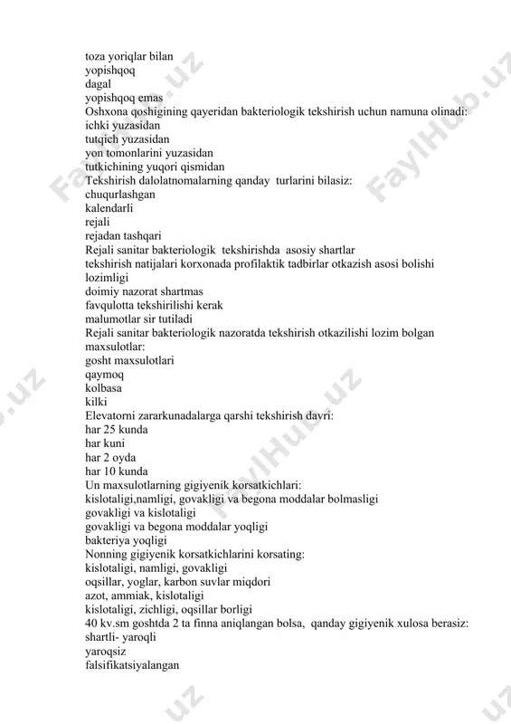 lsifikatsiyalangan ozuqaviy qiymati pasaygan goshtning gigiyenik korsatgichlarini korsating: uchuvchi yog kislatalari amiakli ozot bakteriologik kursatgichlar kislataligi goshtni gigiyenik tekshirishda otkazilganda 21 ball toplangan, sizning xulosangiz: sifatli ozuqaviy qiymati pasaygan sifatsiz shartli yaroqli goshtni gigiyenik tekshirishda otkazilganda 9 ball toplangan, sizning xulosangiz: yaroqsiz shartli yaroqli falsifikatsiyalangan ozuqaviy qiymati pasaygan goshtni gigiyenik tekshirishda hamma organoleptik xususiyatlari standartga muvofiq bolsa, shu korsatkichlar uchun necha ball beriladi: 13 ball 20 ball 18 ball 25 ball kolbasa maxsulotlarini gigiyenik korsatkichlarni korsating: namligi, osh tuzi miqdori bilan nitratlar va serovodorod ammmono-ammiakli azot uchuvchi yogkislotalari oyquloqda chirigan hid aniqlansa baliqqa gigiyenik xulosa: yaroqsiz em sifatida ishlatsa boladi shartli yaroqli ozuqaviy qiymati pasaygan qizilcha /gemoliz/ bilan chuqur zararlangan baliqni gigiyenik xulosasi: sifatsiz shartli yaroqli shartli yaroqsiz ozuqaviy qiymati pasaygan oyquloqda chirigan hid aniqlansa baliqqa gigiyenik xulosa: yaroqsiz em sifatida ishlatsa boladi shartli yaroqli ozuqaviy qiymati pasaygan oziq-ovqat maxsulotlari xavfsizligi va sifati togrisidagi qonun quyidagilarning qaysi birini nazarda tutmaydi: …