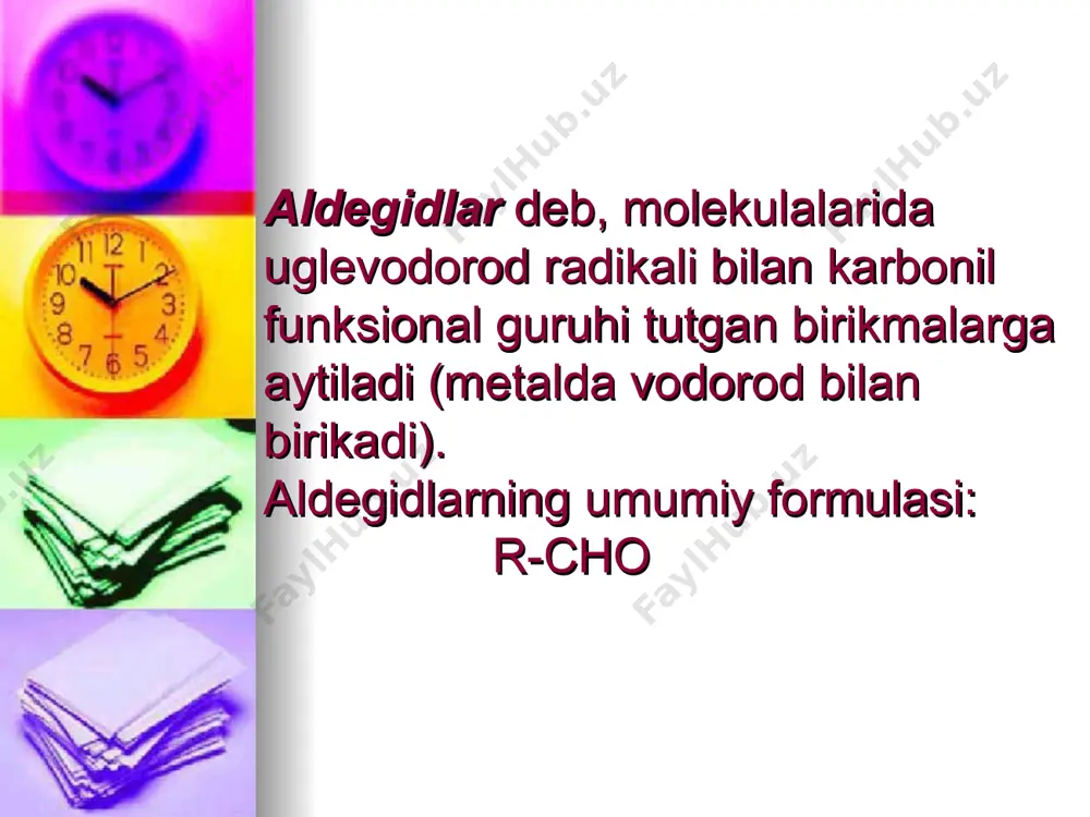 tsion, antikorrozion materiallar ishlab chiqariladi. olinishi aldegidlar, asosan, spirtlarni oksidlash usuli orqali olinadi. sanoatda formaldegid methanol bu’gi va havo aralashmasini mis simli reactor orqali o’tkazib olinadi: 2cu + o2  2cuo h o h—c—oh + cuo  h – c + cu +h2o h h ikkinchi usul metanni azot oksidlari katalizatorligida 400-600 c da havo bilan oksidlash reaksiyasidir: o ch4 +o2 ------- h – c + h2o h sirka aldegidini sanoatda m.g.kucherov ochgan reaskiya-asetilenni simob tuzlari (hozirgi vaqtda ekologik xavfsiz katalizatorlar ishlatiladi) ishtrokida gidratlash reaksiyasi orqali olinadi: o hc = ch + h2o  ch3 -- c h etilenni 100 c haroratda, 1013 mpa bosim ostida, (pdcl2 + cu2cl2) katalizatori ishtrokida to’g’ridan – to’g’ri oksidlanib, sirka aldegid olish ham yo’lga qo’yilgan. ishlatilishi formaldegid poliformaldegid, fenoloformaldegid va boshqa smolalar olishda keng ishlatiladi. bo’yoqlar, farmosevtik preparatlar, sintetik kauchik, portlovchi va boshqa ko’plab organic moddalar ishlab chiqarishda boshlang’ich modda sifatida va tibbiyotda kuchli …