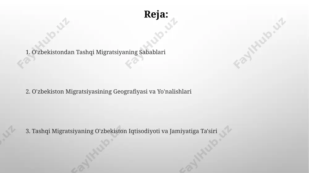sog'liqni saqlash tizimlariga katta yuk qo'ymoqda. oilaviy migratsiya va uning oqibatlari oilaviy migratsiyaning 30% dan ortig'i rossiya va qozog'iston kabi qo'shni davlatlarga yo'naltirilgan bo'lib, bu esa bolalarning ta'limida va oilaning ijtimoiy-iqtisodiy ahvoliga salbiy ta'sir ko'rsatmoqda. xorazm viloyatidan rossiyaga ko'chib ketgan oilalarning 40 foizi o'z vataniga pul yuborish orqali oilalarini qo'llab-quvvatlashga harakat qilmoqdalar, ammo bu mablag'lar oilaning barcha ehtiyojlarini qoplay olmaydi. noqonuniy migratsiya muammolari noqonuniy migratsiyaning keng tarqalgan yo'nalishlaridan biri rossiya federatsiyasi bo'lib, 2022 yilda taxminan 2 million uzbekistonlik rossiyaga noqonuniy ravishda kirgan, bu esa ijtimoiy-iqtisodiy muammolarni keltirib chiqarmoqda. noqonuniy migrantlarning ko'pchiligi (taxminan 70%) qurilish, qishloq xo'jaligi va xizmat ko'rsatish sohalarida ishlaydi, ularning huquqlari himoyalanmagan va mehnat sharoitlari og'ir. kelajakdagi istiqbollar va tavsiyalar xorijiy investitsiyalarni jalb qilish orqali, ayniqsa andijon va samarqand viloyatlarida 10 000 dan ortiq ish oʻrinlari yaratish orqali ichki migratsiyani kamaytirish va tashqi migratsiyani nazorat qilish mumkin. oʻzbekistonning rossiya va qozogʻiston kabi davlatlar bilan 2025-yilgacha boʻlgan davrda mehnat …