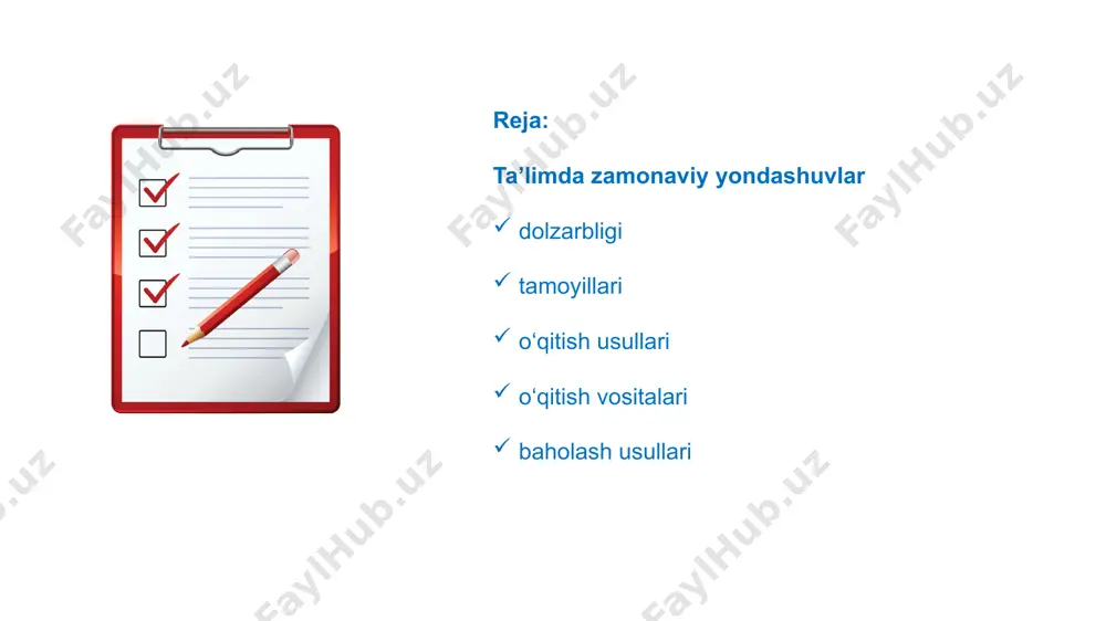 sni jonlantiruvchi kuch! xulosa “siz sanagan omillar darsda o‘quvchini zeriktiradigan sabablardir. juda tanish holatlar, to‘g‘rimi? ammo bizning qo‘limizda kuchli vosita bor: bu — zamonaviy yondashuvlar. aynan shu yondashuvlar darsni jonlantiradi: o‘quvchini fikrlashga undaydi, harakatga keltiradi, hayrat uyg‘otadi. so‘rovga asoslangan ta’lim, 5e modeli, muammoli o‘qitish, steam, konstruktsion yondashuv — bularning barchasi zamonaviy darsning yuragidir. chunki ular o‘quvchining ongini faollashtiradi, darsni unga tegishli qiladi va vaqt qanday o‘tgani bilinmay qoladi!” 12 nega aynan zamonaviy yondashuvlar darsga jon bag‘ishlaydi? o‘quvchining dars markazida bo‘lishi o‘qituvchining roli — fasilitator hayotga bog‘langanlik faoliyatga asoslangan o‘qitish tanishdan notanishga qarab rivojlantirish mavzularning hayotiy, dolzarb muammolar bilan bog‘langanligi o‘qitish emas, o‘rganish jarayoni ustuvor fikrlash chuqurlashadi; bilim tayyor holda berilmaydi, faoliyat orqali kashf etiladi yangi bilimlar o‘quvchining mavjud tajribasi asosida quriladi o‘qituvchi tayyor bilim bermaydi, balki yo‘l-yo‘riq ko‘rsatadi, ishtirokchini rag‘batlantiradi hamkorlikda o‘rganish juftlikda, kichik guruhda, jamoa bo‘lib ishlash orqali ijtimoiy ko‘nikmalar shakllanadi tanqidiy, ijodiy va reflektiv fikrlash rag‘batlantiriladi tafakkurni rivojlantirishga …