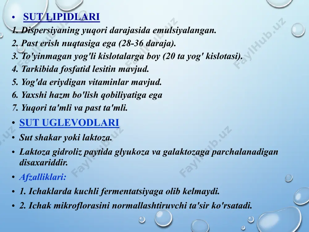 h,tozalash,issiqlik ishlo berish,sotish,qadoqlash va ma‘lum muddatda saqlash. tarkibidagi chiqindilardan tozalash maqsadida sut filtrlanadi.tozalash uchun har xil filtrlardan foydalaniladi: paxtali filtr-disklar, doka, sintetik materiallar, metal elak va boshqalar. mikroorganizmlar ko‘payishini to‘xtashish maqsadida tozalangan sut tezda sovutiladi.kichik korxonalarda sutni sovitish uchun suvdan foydalaniladi.keyingi vaqtda sutni sovitish uchun plastinka sovitgichlar qo‘llanilmoqda.kislataliligi 19-20˚tbo‘lgan sut ma‘lum muddat (6 soat) saqlanishi mumkin.sutga issiqlik ishlaov berish 76˚c haroratda 15-20 sekund davomida olib boriladi.issiqlik ishlov berilgach, sut plastinkali svut gichda 4 c haroratgacha tezda sovutiladi. sutni separatlash: qabul qilingan sut tarkibidagi yog‘ miqdoriga qarab har xil bo‘ladi. sut o‘ta yog‘li, o‘rtacha yo‘li, yoki yog‘siz bo‘lishi mumkin.sut tarkibidagi yog‘ miqdorini meyorlashtirish maqsadida unga mexanik ishlov beriladi.ya‘ni, sut tarkibidagi yog‘ni ajratib olish uchun separatordan o‘tqaziladi va yog‘ sharchalarini yanada kichik zarrachalarga parchalash maqsadida gomogenizatsiyalanadi.separatirlash-bu sutni zichligi turlicha bo‘lgan ikki: yuqori yog‘li (qaymoq) va yo‘gi past (yog‘siz sut) fraksiyalarga ajratish demakdir.sutni separatlash separator-qaymoq ajratuvchida olib boriladi. sut 45-50˚c harotda separatlanadi.separatir barabaning …