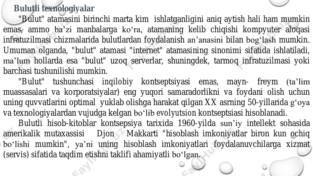 i ta’minlash va kompleksda odamlarning ishtirokini minimallashtirish uchun o‘zaro birlashtirilgan mavjud texnologik echimlar to‘plamidir. siz "bulut" xizmatini klassik xizmatdan ajratib turadigan asosiy bloklarni ajratib ko‘rishingiz mumkin: •o‘z-o‘ziga xizmat ko‘rsatish portali – bu foydalanuvchi konfiguratsiya tafsilotlarini aniqlashtirish bilan o‘zi uchun oldindan belgilangan xizmatga buyurtma beradigan, oldindan buyurtma qilingan xizmat parametrlarini o‘zgartirigan yoki rad etadigan vositadir (masalan, ıaas holatida, virtual mashina, kerakli operativ xotira miqdorini, protsessor yadrolarining sonini, disk bo‘shlig‘ini va boshqalarni ko‘rsatishi mumkin). •xizmat katalogi – foydalanuvchiga taqdim etiladi- gan xizmatlarning ro‘yxati va ularni har bir xizmat bilan bog‘liq shakllari, ya’ni avtomatlashtirish vositalari ushbu xizmatni haqiqiy apparat va dasturiy ta’minotda sozlaydigan qoidalar. google xizmatlari copyright © hello! i am ___________ i'm happy to share some interesting information about google in this presentation! reja: google tarixi birgina akkaunt – cheksiz imkoniyatlar! googlening asosiy servis xizmatlari google classroom – onlayn ta’lim uchun eng yaxshi tanlov! google tarixi let’s start with the first set …