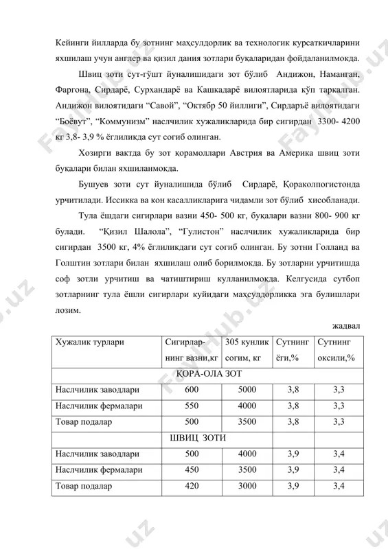 бунинг учун барча хужаликларда сунъий кочиришда зотдор наслдор буқалардан фойдаланиш лозим. давлат наслчилик корхоналари бундай буқалар билан таъминланган. бу буқаларнинг оналари 6500 кг,4% ёглиликдаги сут берадилар. буқалар уз авлодининг сифати буйича баҳоланиши лозим. бунинг учун уларнинг қизлари - гуножинлар синов молхоналарида согиб курилади ва маҳсулдорлигига баҳо берилади. ихтисослаштирилган наслчилик хужаликларида чукурлаштирилган селекция ишлари олиб борилиши керак. бунда фойдали хусусиятлари мужассамлашган, яъни маҳсулдорлиги юқори, маҳсулотининг сифати яхши, жуссаси мустахкам хам озиқ хисобига кўп самара бериши мумкин булган ҳайвонларни танлаш, жуфтлаш хисобига янги линиялар яратиш мухим ахамият касб этади. селекция ишларини жадаллаштириш учун подаларнинг генетик тузилишини яхши билиши зарур. подаларнинг микдорий белгилари буйича генетик тузилишини билиши учун арифметик курсаткич (х), кавадратик огиш (δ), ўзгарувчанлик коэффициенти (сv), ирсият коэффициенти (h²), такрорланиш коэффициенти (r), коррелация коэффициенти (r), селекция дифференциали (sd), селекция эффекти (sэ) ва бошқа курсаткичлардан фойдаланиш зарур. ирсият коэффициенти белги умумий ўзгарувчанлигининг генотип ёки ирсият билан богланган кисмини курсатади. ирсият коэффициенти канчалик катта …