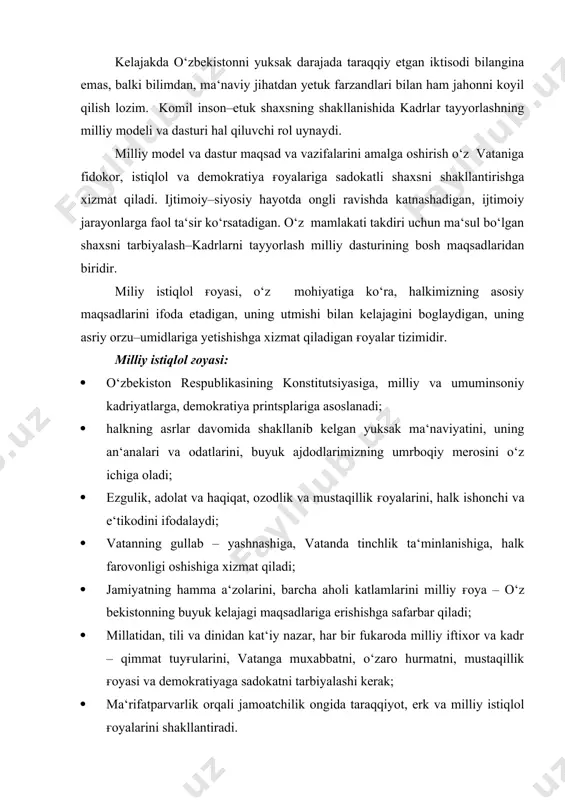 moatchilik ongida taraqqiyot, erk va milliy istiqlol ғoyalarini shakllantiradi. milliy istiqlol ғoyasi–har bir vatandoshimiz, uning oilasi, butun jamiyat uchun vatan oldidagi burch va mas‘uliyatini bajarishning ma‘naviy mezonidir. milliy istiqlol ғoyasi ana shu talablarga javob berganidagina quyidagi asosiy vazifalarini bajarishga qodir bo‘ladi: · fukarolarning yot ғoyalardan mustaqil dunyokarashini va erkin tafakkurini, progressiv ijtimoiy ongni shakllantirish; · ijodiy, erkin fikrlaydigan, o‘z bilimlari va kuchlariga ishonadigan shaxsni tarbiyalash; · odamlarning, ayniqsa yoshlarning, yuksak ozodlik va taraqqiyot ideallariga ishonchini mustahkamlash, chinakam gumanistik e‘tikodlar mustahkamlanishiga xizmat qiladigan yuksak axloqiy muhitni yaratish; · vatandoshlarimizning o‘zligini anglashi, ayniqsa milliy iftixor va qadr – qimmat tuyғulari, tarixiy xotiraga sadoqat, vatanparvarlik, muqaddas qadriyatlarimizga avaylab munosabatda bo‘lish tuyғulari o‘sishiga yordam berish; · halkda or – nomus va halollik, saxiylik, kamtarlik va boshqa shu kabi axloqiy fazilatlarini rivojlantirish; · ko‘pmillatli halkimiz ongida ‘‘o‘zbekiston – umumiy vatanimiz’’ degan e‘tikodini shakllantirish va rivojlantirish. mamlakatimiz kelajagi uchun oliy majlisning ix sessiyasida qabul qilingan kadrlar …