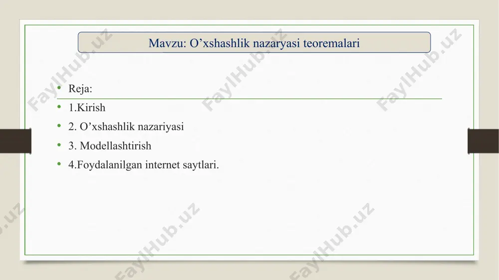 lgan. bu teoremaga muvofiq oʼxshash hodisalar bir xil qiymatga ega boʼlgan oʼxshashlik mezonlari bilan belgilandi. masalan, ikkita oʼxshash sistemadagi (original va modeldagi) zarrachalarning mexanik harakati nyuton oʼxshashlik mezoni orqali quyidagicha ifodalanadi: bu yerda f – kuch, m – zarrachaning massasi, τ – vaqt, w– zarracha tezligi. ikkinchi teorema bekingem, federman va аfanseva - erenfest tomonidan isbotlangan. bu teoremaga asosan, biror jarayonga taʼsir qiluvchi oʼzgaruvchan kattaliklarni bogʼlovchi differentsial tenglamalarning yechimini oʼxshash mezonlarning oʼzaro bogʼliqliklari orqali ifodalash mumkin. аgar oʼxshashlik mezonlarini π1, π2, π3, … , πn bilan belgilansa, u holda differentsial tenglamaning yechimi umumiy tarzda quyidagicha boʼladi: bunday ifodalar kriterial tenglamalar deb yuritiladi. yoki uchinchi teorema m.v. kirpichev va а.а. guxman tomonidan aniqlangan. bu teorema tajriba asosida olingan hisoblash usullaridan amalda foydalanish mumkinligini koʼrsatadi. bu teoremaga asosan, son jihatdan teng aniqlovchi mezonlarga ega boʼlgan hodisalar oʼxshash hisoblanadi. masalan, teng-lamadagi π1 – aniqlovchi mezondir. modellashtirish modellashtirish – mavjud yoki tashkil qilinishi lozim …