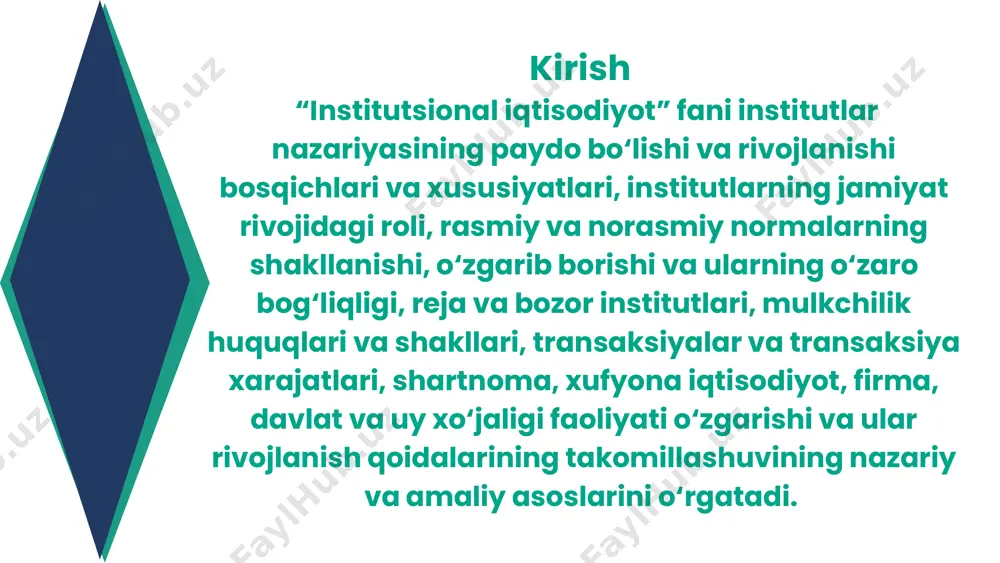 ssiyoti (boshqalardan birinchi bo‘lish, umumiylikdan ajralib turish istagi) va mahorat hissiyoti (halol va samarali mehnat qilishga moslashish) deb nomlaydi. neoklassik iqtisodiy nazariya – iqtisodiy nazariyada marjinalizm[1] gʻoyalari anʼanalarini davom ettirgan yetakchi yoʻnalish. bu nazariyaning eng mashhur vakillari marshal alfred, leon varlas, a.pareto va boshqa hozir jahondagi iqtisodchilarning aksariyat qismi “neoklassik iqtisodiy nazariya” tarafdorlaridir. mazkur nazariya marjinalistik tamoyillar asosida shakllanib, 20-asrdan “neoklassik iqtisodiy nazariya” deb nomlandi. binobarin, neoklassika tamoyillaridagi yuqorida ko‘rsatilgan cheklovlarni hisobga olgan holda, bozor modelini tuzishga yo‘naltirilgan nazariya – institutsionalizm hisoblanadi. ushbu nazariyaning tadqiqot markazida institutlar – insonlar tomonidan barpo etiladigan va o‘zaro hamkorlikni tarkiblovchi siyosiy, iqtisodiy hamda ijtimoiy me’yorlar va qoidalar turadi. institutsional nazariya qoidalari neoklassik yondashuvga nisbatan yangi nazariya bo‘lib, bozor munosabatlarini tahlil qilishning yangi sohasidir. 1 e’tiboringiz uchun tashakkur image1.jpeg image2.jpeg image3.png image4.jpeg image5.jpeg image6.png image7.svg image8.png image9.svg image10.png image11.svg image12.png image13.svg image14.png image15.svg image16.png image17.png image18.png image19.svg image20.jpeg image21.jpeg image22.png image23.jpeg image24.png image25.svg image26.png image27.svg …