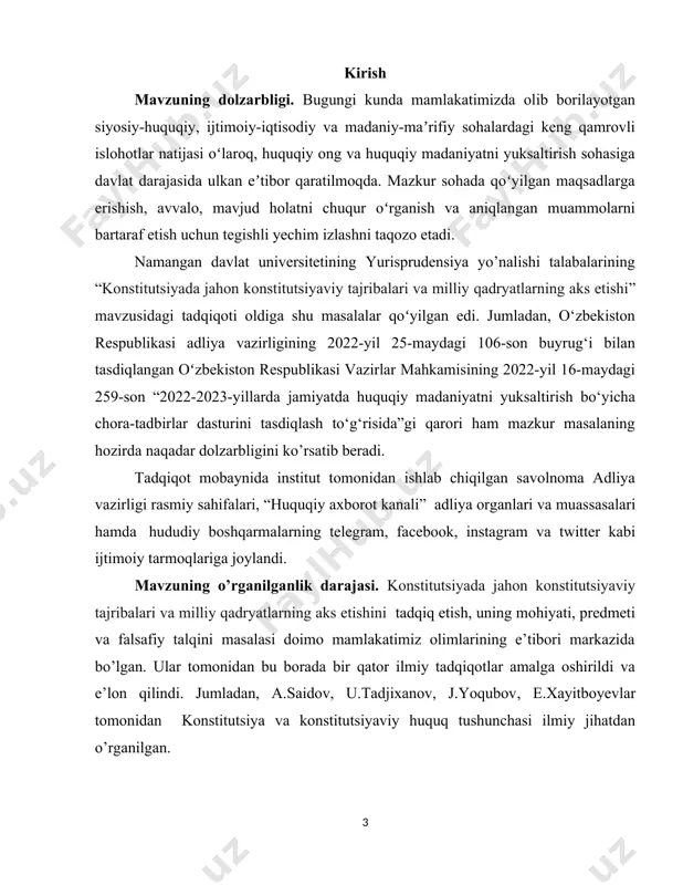 boshqarmalarning telegram, faсebооk, instagram va twitter kabi ijtimoiy tarmoqlariga joylandi. mavzuning o’rganilganlik darajasi. konstitutsiyada jahon konstitutsiyaviy tajribalari va milliy qadryatlarning aks etishini tadqiq etish, uning mohiyati, predmeti va falsafiy talqini masalasi doimo mamlakatimiz olimlarining e’tibori markazida bo’lgan. ular tomonidan bu borada bir qator ilmiy tadqiqotlar amalga oshirildi va e’lon qilindi. jumladan, a.saidov, u.tadjixanov, j.yoqubov, e.xayitboyevlar tomonidan konstitutsiya va konstitutsiyaviy huquq tushunchasi ilmiy jihatdan o’rganilgan. kurs ishining obyekti. mazkur ishning obyektini konstitutsiya tushunchasi,unga oid qarashlar tahlili, konstitutsiyaning predmeti va falsafiy talqini kabi kabi masalalar tashkil etadi. kurs ishining predmeti. mazkur kurs ishning predmetini konstitutsiya tushunchasining mohiyati, predmeti, vazifalari, maqsadlari va funksiyalari hamda jamiyat jamiyat hayotida tutgan muhim o’rnini o’rganish tashkil etadi. tadqiqotning maqsadi: konstitutsiyada jahon konstitutsiyaviy tajribalari va milliy qadryatlarning aks etishi mavzusini tadqiq etishdan ko’zlangan maqsad birinchi navbatda mazkur tushunchaning mazmun-mohiyatini o’rganish, uning jamiyat va millat hayottida tutgan o’rnini ilmiy jihatdan tahlil qilish, globallashuv jarayonlari natijasida yuzaga kelayotgan ma’naviyat bilan …