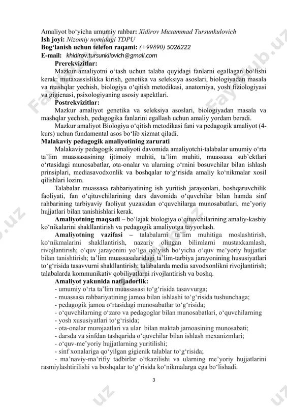 otchi talaba 100 ballik tizimda baholanadi. amaliyot kreditlarini egallash uchun minimum 60 ball to‘plash zarur. amaliyot davomiyligi: 16 akademik xafta (xaftada 5/6 kun) jami 16*5=80 kun. ballar taqsimoti: davomat: 90-100% bo‘lganda: 10 ball, 70-80% bo‘lganda 5 ball, 60-70% bo‘lganda 3 ball, 59 va undan past bo‘lganda (har qanday sababga ko‘ra) ball taqdim etilmaydi. (maktab rahbariyati tomonidan nazorat qilinadi va yakunda ball belgilanadi) tadbirlarda ishtirok etish: 20 ball (maktab rahbariyati tomonidan belgilanadi) topshiriqlarni bajarish: 60 ball. (amaliyot rahbari tomonidan belgilanadi) hisobot taqdim etish: 10 ball. (kafedra mudiri tomonidan belgilanadi) izoh: - talabalar topshiriqlar ijrosini elektron platforma orqali dedlaynga muvofiq otmdagi professor-o‘qituvchiga taqdim etib boradi. 5-kurslarning amaliyot jarayonini baholashda yuqorida qayd etilgan taqsimot asosida amalga oshiriladi va amaliyot yakunida “baho” tizimiga konvertatsiya qilinadi. malakaviy pedagogik amaliyotning kalendar-tematik rejasi amaliy ishlar mazmuni kuni izoh tadbir nom ajratil- gan ball ix semestr sentabr (5 kun, 30 soat) 04.09.-09.09. gacha 1-kun 1) amaliyot oldi konferensiyasida …