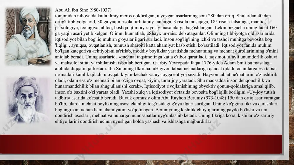xos hojib, bular: 1) pulning qadrini ko'tarish yoki ushlab turish; 2) xalqqa xususiy mulk huquqini ta'minlovchi qonunlarni joriy etish va 3) yo'llarni o'g'ri-qaroqchilardan muhofaza qilish. shoh esa fuqarolardan soliqni vaqtida to'lashni chiqargan farmon, qonunlarini bajarish hamda do'stiga do'st, dushmanga dushman bo'lishni talab qiladi, deb yozadi. ko'rinib turibdiki, bundajamiyat va siyosiy hokimiyat o'zaro mutanosib bo'lishi zarurligi g'oyasi aniq ifoda etiladi. pulning qadrli bo'lishi haqidagi g'oya, aslini olganda mflatsiya muammosi bilan chambarchas bog'liq, baholarning mo'tadilligi ham ta'min etiladi. u, o'z navbatida, inqirozsiz iqtisodiyot, erkin muomaladagi valuta masalalariga borib taqaladi. shuningdek, bilim va aql-idrokka, shu soha sohiblariga katta e'tibor beriladi. «odamzod naslining ulug'ligi bilimdan. u aql-idrok tufayli ne-ne tugunlarni yechishga qodir), - deb yozadi alloma. amir temur davridagi iqtisodiy g'oyalar amir temur va uning avlodlari davrida markazlashgan davlat barpo etildi, iqtisodiyotning barcha sohalarida (hunarmandchilik, qurilish, qishloq xo'jaligi, ayniqsa, savdoda) muhim yutuqlar qo'lga kiritildi. bunga to'g'ri tanlab olingan iqtisodiy g'oyalar va iqtisodiy siyosat yordam …