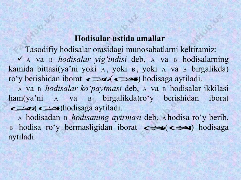 masalan, tanga tashlash tajribasida ehtimollik sifatida nafaqat 0.5, balki 0.49 yoki 0.51 ni ham olishimiz mumkin. ehtimollikni aniq hisoblash uchun katta sondagi tajribalar o‘tkazishni talab qiladi, bu esa amaliyotda ko‘p vaqt va xarajatlarni talab qiladi. _1293033803.unknown _1329570344.unknown _1329570349.unknown _1293032238.unknown 1 ) ( 0 £ £ a p 0 ) ( = æ p 1 ) ( = w p æ = × b a ) ( ) ( ) ( b p a p b a p + = + a 1 0 0 £ £ þ £ £ n n n n a a ) ( a p n n a » 1 ) ( 0 £ £ a p æ = × b a b a b a n n n + = + ) ( ) ( ) ( b p a p n n n n n n n n n b a p b a …