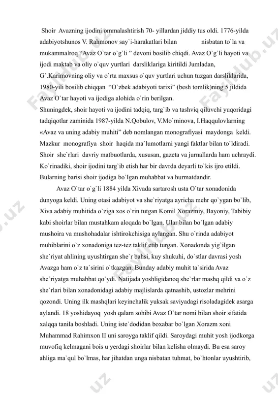 bahsi, kuy shukuhi, do`stlar davrasi yosh avazga ham o`z ta`sirini o`tkazgan. bunday adabiy muhit ta`sirida avaz she`riyatga muhabbat qo`ydi. natijada yoshligidanoq she`rlar mashq qildi va o`z she`rlari bilan xonadonidagi adabiy majlislarda qatnashib, ustozlar mehrini qozondi. uning ilk mashqlari keyinchalik yuksak saviyadagi risoladagidek asarga aylandi. 18 yoshidayoq yosh qalam sohibi avaz o`tar nomi bilan shoir sifatida xalqqa tanila boshladi. uning iste`dodidan boxabar bo`lgan xorazm xoni muhammad rahimxon ii uni saroyga taklif qildi. saroydagi muhit yosh ijodkorga muvofiq kelmagani bois u yerdagi shoirlar bilan kelisha olmaydi. bu esa saroy ahliga ma`qul bo`lmas, har jihatdan unga nisbatan tuhmat, bo`htonlar uyushtirib, shohning e`tiboridan chetda qoldirishga urinishar edi. nihoyat, turli uydirmalar asnosida shoirni 200 darra bilan jazolaydilar. ammo qat`iyatli shoir o`z yo`lidan qaytmadi. hatto “jinni” deb atadilar. bu ham shoir qaddini bukmadi. oqibat uni boboeshon mozoristonida kishanlab saqlaydilar, yana shoir egilmadi. shoirda tobora ularga qarshi nafrat va g`azab ortib bordi. natijada mana bunday ruhdagi asarlar …