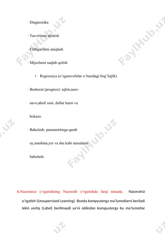 liq (label) berilmaydi ya’ni oldindan kompyuterga bu ma’lumotlar nima ekanligi yorliqlanmaydi. kopmyuterning o’zi bu ma’lumotlarni o’rganadi, taxlil qiladi va o’xshashliklarni topadi va o’zi gruhlarga ajratadi. 6. qizman nazorat ostida o’rgatishning ishlash tamoyilini tushuntiring. bu mashinali o’qitish turi supervised + unsupervised o’qitish turlarining birlashmasi hisoblanadi. bu o’qitish turlari qanday birlashtiriladi hayvonlarning rasimlari jamlangan dataset mavjud bu ma’lumotlarni nazoratsiz o’qitish (unsupervised learning) orqali taxlil qilinadi va kompyuter ma’lumotlarni gruhlarga ajratib beradi. va bu gruhlarga yorliqlar (labels) beriladi va bu yorliqlangan ma’lumotlarni nazorat ostida o’rgatish(supervised learning) algoritmi qullaniladi. yakuniy natijaada hayvonlarni rasmini tanuvchi dastur (model) yaratiladi 7. o’z-o’zini o’rgatish ishlash tamoyilini tushuntiring. o’z-o’zini tarbiyalovchi dasturda qandaydir muhitga agent kiritiladi bunda agent yaratilga dastur (model) bu dastur muhitning ichida o’zini-o’zi tarbiyalashi kerak. bu muhitning ichida agent harakatlana oladi va bu harakatlar masalan chapga o’nga, orqaga yoke oldinga harakatlanishi mumkun. 8. mashinali o’qitish usullari? · offline (barcha ma’lumotlar bilan) · kompyuterga barcha mavjud ma’lumotlar birdan …