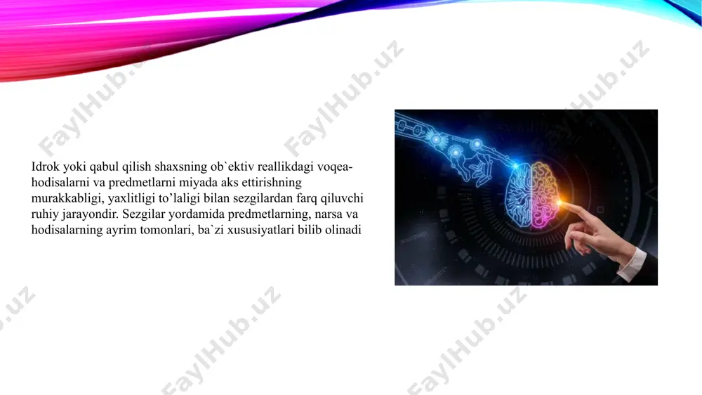 emak, atirgulni idrok qilishda ko’rish, hid bilish va teri sezgilari ishtirok etadi. atirgulni idrok qilishning boshlanishi xotira mahsuli (uning atirguli ekanligini tanib, ajratib olish) bo’lib, uning turli tomonlari to’g’risida mulohaza yuritish tafakkurdir. shunday qilib, istalgan predmetni yoki voqea-hodisani idrok qilishda o’sha narsaning mohiyatiga qarab ruhiy holatlarning ma`lum qismidan foydalaniladi. diqqat, xotira, xayol va tafakkursiz to’liq idrok qilish mumkin emas. idrokning asab mexanizmi ham sezgilarnikidan farq qiladi. bu farq idrokka xos asab–fizioilogik asosning murakkabligidadir. idrokning fiziologik asosi bosh miyaning katta yarim sharlar po’stlog’ida vujudga keluvchi murakkab shartli refleks bog’lanishlaridir. tashqi ta`sir katta yarim sharlar po’stlog’ida birlashtiriladi, organizmning bir qancha qo’zg’ovchilar ta`siriga reaktsiyasi bir-biri bilan bog’lanadi. har bir predmetdagi xossalarning yig’indisiga qarab odam ularni bir-biridan farq qiladi. bundan tashqari idrokning fiziologik asosi birinchi va ikkinchi signal sistemalarining faoliyati bilan ham bog’liqdir odam predmetlarni, voqealarni faqat ko’rish, eshitish, hid bilish orqaligina emas, balki nutq orqali ham idrok qiladi. odam tomonidan tashqi dunyo predmetlarini …