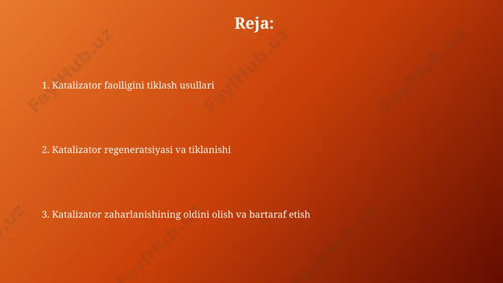 metallar, masalan, ruteniy yoki iridiy qo'shish, 200°c da 3 soat davomida kalsiynatsiya qilish orqali toshkentdagi zavodlarda ishlab chiqarilgan katalizatorlarning faolligini sezilarli darajada oshirish mumkin. katalizatorning mexanik tozalash katalizator yuzasidagi 30% gacha bo'lgan kirlarni mexanik ravishda tozalash, masalan, qum otilishi yoki yuqori bosimli suv oqimi bilan tozalash, uning samaradorligini 15-20% ga oshirishi mumkin. katalizatorning mexanik tozalash usullari orasida 20-50 mikron o'lchamli zarrachalarni olib tashlash uchun ultratovush tozalash, ayniqsa, avtomobil katalizatorlarini tozalashda samarqanddagi zavodlarda qo'llaniladi. katalitik regeneratsiya каталитик регенерация жараёнида 500-600°с температурада 2-3 соат давомида кислород билан ишлов бериш орқали, ўзбекистондаги нефтьни қайта ишлаш заводларидаги катализаторларнинг фаоллигини тиклаш мумкин. туркиянинг стамбул шаҳридаги лаборатория тадқиқотлари натижаларига кўра, каталитик регенерация усули билан катализаторларнинг фаоллигини 75% гача тиклашга эришиш мумкин. qaytaruvchi regeneratsiya катализатор фаолиятини тиклаш учун 500-600°c температурадаги иссиқлик билан ишлов бериш, айниқса, автомобил катализаторларидаги коксланган моддаларни йўқотишга ёрдам беради ва бундай усул тошкентдаги лабораторияларда кенг қўлланилади. катализаторларни 2-3 соат давомида 350°c гача қиздириб, кейин …