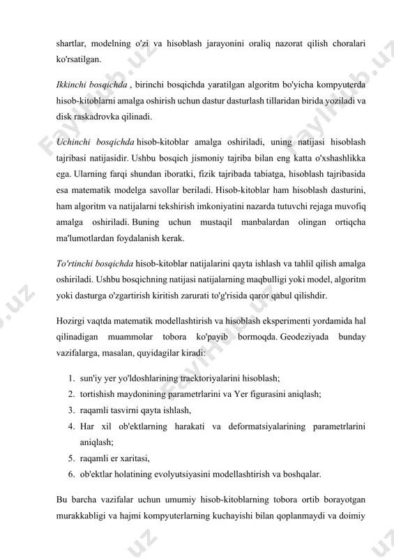 hning analitik usullari an'anaviy yaxshi ishlab chiqilgan matematik tahlil usullaridan foydalangan holda modellashtirish ob'ektining xususiyatlarini kamroq hisoblash xarajatlari bilan o'rganish imkonini berishi bilan qimmatroqdir. bundan tashqari, kerakli parametrlar uchun analitik ifodani bilish ob'ektning asosiy xususiyatlarini, uning sifatli xatti-harakatlarini o'rganishga va uning ichki tuzilishi haqida yangi farazlarni yaratishga imkon beradi. shuni ta'kidlash kerakki, analitik usullarning imkoniyatlari asosan matematikaning tegishli bo'limlarining rivojlanish darajasiga bog'liq. afsuski, mavjud matematik usullar faqat nisbatan oddiy matematik modellar uchun analitik yechimlarni olish imkonini beradi. ko'pgina hollarda, modellarni o'rganishda, kerakli parametrlarning faqat taxminiy qiymatlarini olishga imkon beradigan algoritmik yondashuvlardan foydalanish kerak. raqamli yondashuvda modelning matematik munosabatlari chekli o'lchovli analog bilan almashtiriladi. bunga ko'pincha asl nisbatlarni diskretlash orqali erishiladi, ya'ni. uzluksiz argument funksiyalaridan diskret argument funksiyalariga o‘tish. asl muammoni diskretlashtirgandan so'ng, hisoblash algoritmi tuziladi, ya'ni. kompyuterda bajariladigan arifmetik va mantiqiy amallar ketma-ketligi va diskret masala yechimini olish uchun chekli sonli bosqichlarni amalga oshirish imkonini beradi. diskret masalaning topilgan yechimi …