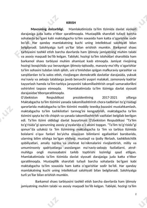 оn respublikasi prezidentining 2017-2021 yillarga maktabgacha ta’lim tizimini yanada takomillashtirirsh chora-tadbirlari to’g’risidagi qarorlarida maktabgacha ta’lim tizimini moddiy texnika bazasini mustahkamlash, maktabgacha ta’lim tashkilotlari tarmog’ini kengaytirish, maktabgacha ta’lim tizimini qayta ko‘rib chiqish va yanada takomillashtirish vazifalari belgilab berilgan edi. ta’lim tizimi oldidagi davlat buyurtmasi o‘zbekiston respublikasi “ta’lim to‘g‘risida”gi qonunning asosiy g‘oyalarida o‘z aksini topgan. “ta’lim to‘g‘risida”gi qonun”da uzluksiz ta ‘lim tizimining maktabgacha ta ‘lim va tarbiya tizimida bolalarni o‘quv fanlari bo‘yicha muayyan bilimlarni egallashlari barobarida, ularning bilim olishga bo‘lgan ehtiyoji, mustaqil va ijodiy fikrlash, tashkllotchilik qobiliyatlari, amaliy tajriba va mehnat ko‘nikmalarini rivojlantirish, milliy va umuminsoniy qadriyatlarga asoslangan ma‘naviy-axloqiy fazilatlarni, atrof-muhitga ongli munosabatni tarkib toptirishi lozimligi qayd etilgan. mamlakatimizda ta’lim tizimida davlat siyosati darajasiga juda katta e’tibor qaratilmoqda. mustaqillik sharofati tufayli barcha sohalarda bo‘lgani kabi maktabgacha ta’lim soxasida ham katta o‘zgarishlar sodir bo‘ldi. har qanday mamlakatning kuchi uning intellektual salohiyati bilan belgilanadi. salohiyatga turli yo‘llar bilan erishish mumkin. barkamol shaxs tarbiyasini tashkil …