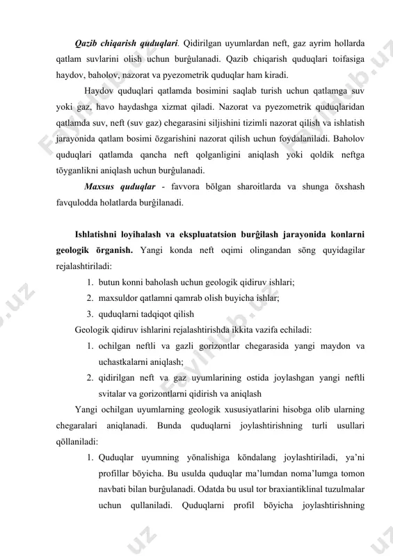 xaqida kon geologik ma’lumotlar bōlmaydi. bu qazib chiqarish quduqlarini joylashtirish tizimini tanlashga salbiy ta’sir kōrsatadi. 2. quduqlarni uchburchak tōr bōyicha joylashtirish. bu tizim odatda kengligi 5-6 km bōlgan botiq tuzilmalar uchun qullaniladi. burĝilash tartibi-ma’lumdan noma’lumga tomon. 3. xalqa bōylab chegaralovchi quduqlarni joylashtirish. bu tizim oval izometrik tuzilmalar uchun rejalashtiriladi. uyumlarning ōlchami katta bōlsa bir nechta quduqlar xalqasi loyihalanadi. bu tizimning kamchiligi quduqlar orasidagi uchastkalar uchun ma’lumotni etishmasligi hisoblanadi. 4. quduqlarni kvadrat tōr bōyicha joylashtirish. ularni burgilash tartibi zarur kon geologik ma’lumotlarni olishga boĝlik. tizimni qulayligi-u yoki bu uyum bōyicha bir xil ma’lumotlar olish hisoblanadi. gaz konlarini qidirish jarayonida qidiruv quduqlari orasidagi masofa neft quduqlarinikiga nisbatan 1,5 barobar katta bōlishi mumkin. lekin gaz uyumlarini qidirish amaliyoti shuni kōrsatadiki, shuning hisobiga kon geologik ma’lumotlarning hajmi qisqaradi. neft yoki gaz uyumi qamrab olingandan sōng zaxiralarni hisoblash va ishlatishni loyihalash uchun zarur bōlgan kon geologik kōrsatkichlarni ōrganishga kirishiladi. foydalanilgan adabiyotlar: 1. e.a. bakirov, v.i. …