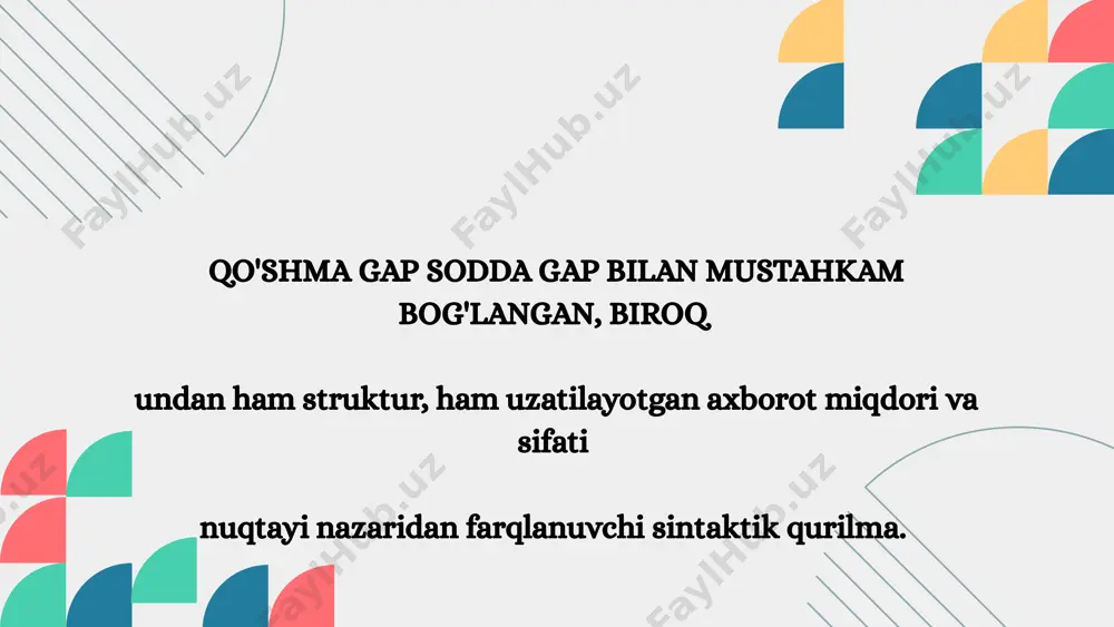 ii ham bo'lishi mumkin. (pm) umumiy – bitta bo'lishi ham mumkin. bunda endi qo'shma gap emas, balki uyushgan gap vujudga keladi. qo'shma gapning umumiy lisoniy qolipi [wpm-wpmj bo'lib, u quyidagi yana uchta oraliq ko'rinishga ajraladi: [wpm ,wpm], [wpm --+wpm], [wpm +-+ wpm] bu oraliq ko'rinishlar bir qarashda an'anaviy bog'lovchisiz, ergash gapli va bog'langan qo'shma gaplaming ramziy ko'rinishidek tasavvur uyg'otadi. 2. bog‘lovchi vositali qo‘shma gaplar – yoz keldi va daraxtlar gulladi. – u ketmoqchi edi, lekin fikridan qaytdi. b) ergashgan qo‘shma gaplar 1.bogʻlovchisiz qoʻshma gaplar bog‘lovchisiz qo‘shma gaplar sodda gaplarning bog‘lovchi yoki bog‘lovchi vositalarisiz o‘zaro bog‘lanishi bilan hosil bo‘ladi. ular odatda intonatsiya orqali bog‘lanadi. masalan: – yomg‘ir yog‘di, havo salqinlashdi. image1.png image2.svg image3.png image4.svg image5.png image6.svg image7.png image8.svg image17.png image18.svg image19.png image20.svg image21.png image22.svg image9.png image10.svg image11.png image12.svg image13.png image14.svg image15.png image16.svg image23.png image24.png image25.svg image26.png image27.png image28.png image29.svg image30.png image31.svg /docprops/thumbnail.jpeg