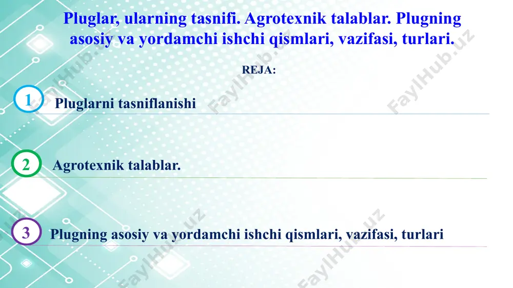 – tirgagich; 9 –biriktirish teshigi; 10 – bo‘ylama to‘sin; 11 – osma tirgagichlari; 12 – biriktirish barmoqlarining kronshteynlari; 13 – biriktirish barmoqlari; 14 – ramaning ko‘ndalang to‘sini. osma plug. 4 2-rasm. plug korpusi bilan palaxsani ag‘darishning texnologik jarayoni. a - chimqirqarsiz; b - chimqirqar bilan; 1 - chimqirqar; 2 - korpus. 5 lemex palaxsani tagidan kesadi, uni qisman uvalaydi va ag‘dargichga uzatadi. geometrik shakliga ko‘ra lemexlar trapetsiyasimon va iskanasimon turlarga bo‘linadi. trapetsiyasimon lemexlarni (3a-rasm) yasalishi oson, ular tekis egat tubi hosil qiladi, ammo yomon chuqurlashadi va tez yeyiladi. lemexni orqa tomonida metall zahirasi (do‘koni) bor, undan lemex yeyilganda uni ishlash muddatini uzaytirish uchun foydalaniladi. trapetsiyasimon lemexlar yengil tuproqlarga ishlov berish uchun m o‘ljallangan chimqirqar va korpuslarda o‘rnatiladi. iskanasimon lemex (3b-rasm) iskana turidagi cho‘ziq tumshuqqa ega. tumshuq pastga 10 mm va dala tomonga 5 mm qayrilgan, shuning uchun u yaxshi chuqurlashadi va ishda turg‘unroq bo‘ladi. iskanasimon lemexning ham orqa tomonida metall …