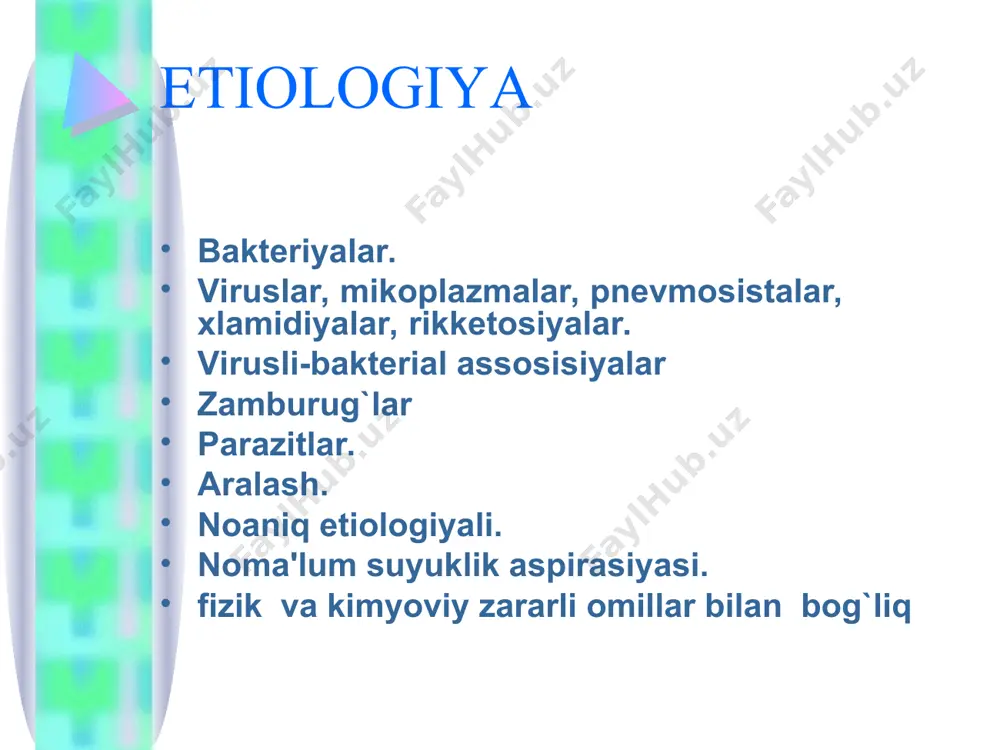 ha: bakterial. virusli, mikoplazmali, leginellez, pnevmosistali, xlamidiyli, rikketosioz. virusli-bakterial zamburug`li parazitar. aralash. noaniq etiologiyali. noma'lum suyukliq aspirasiyasi. fizik va kimyoviy zararli omillar bilan bog`liq patogenezga bo`yicha: 1. birlamchi. 2. ikkilamchi. kliniko-morfologik belgilariga ko`ra: 1. plevropnevmoniya (krupoz). 2. bronxopnevmoniya. tarkalganligi bo`yicha: 1. subsegmentar. 2. segmentar. 3. bo`lakli. 4. bir tomonlama. 5. ikki tomonlama. og`irlik darajasiga ko`ra: 1. yengil. 2. o`rtacha og`irlikda 3. og`ir. kechishi bo`yicha 1. utkir. 2. cho`ziluvchan. 3. abortiv. : asoratlariga ko’ra (eng ko`p uchraydigan) 1. infeksion-toksik shok. 2. ekssudativ plevrit. 3. distress-sindrom. 4. tomir ichida qon ivishi. 5. infeksion destruksiya. 6. perikardit. 7. infeksion-allergik miokardit. 8. bronxospastik sindrom. 9. o`tkir nafas yetishmovchiligi. differensial diagnoz o`p ka sili o`pka infarkti markaziy rak, bronxlar adenomasi eozinofilli infiltrat o`pka shishi belgilari tipik bakterial pnevmoniya ko`zqatuvchi pnevmokokk, streptokokk, stafilokokk, gemofil tayoqcha, klebsiella va boshq. shikoyatlari isitma, qaltirash, balg`amli yo`tal, yiringli yoki «zangsimon» balg`am, plevral og`riq, hansirash ko`zdan kechirish hansirash, sianoz, perkutor tovush …