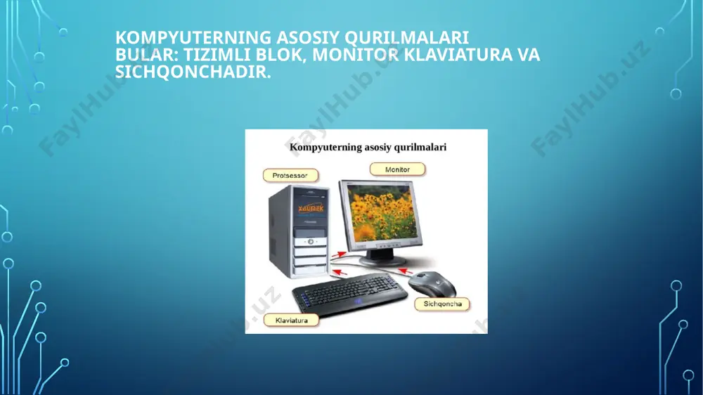 lar, naushniklar va mikrofonlar oddiy audio o'rniga usb vilkalariga ega. ular har qanday usb portiga ulanishi mumkin. 7-qadam. kompyuter bilan birga bo'lgan 2 quvvatli kabellarni oling. birinchi kabelni tizimdan tashqarida va tarmoq filtriga ulang. keyin ikkinchi kabelni monitorga va tarmoq filtriga ulang. 8-qadam. va nihoyat, tarmoq filtrini elektr manbaiga ulang. agar kalit bo'lsa, tarmoq filtrini o'zi yoqish kerak bo'lishi mumkin. agar sizda tarmoq filtri bo'lmasa, kompyuterni to'g'ridan-to'g'ri rozetkaga ulashingiz mumkin. biroq, buni amalga oshirish tavsiya etilmaydi, chunki kuchlanish stakan kompyuterning taqsimotiga olib kelishi mumkin. o'rnatilgan kompyuterni o'rnatish va bog'lash endi sizning asosiy kompyuter qurilmalari ishlashga tayyor. kompyuterni yoqishdan oldin ish joyini tashkil etishga bir oz vaqt ajrating. yaxshi tashkil etilgan ish joyida mehnat unumdorligini oshirishi va salomatligini mustahkamlashi mumkin. chap - vga, o'rta-dvi, o'ng - hdmi. ko'pincha monitor va video kartani barcha uchta interfeyslarni qo'llab-quvvatlaydi. bunday holda, biz foydalanishni tavsiya etamiz dvi yoki hdmi interfeysisizning ixtiyoringizda. foydalanilgan adabiyotlar: 1.kompyuter // …