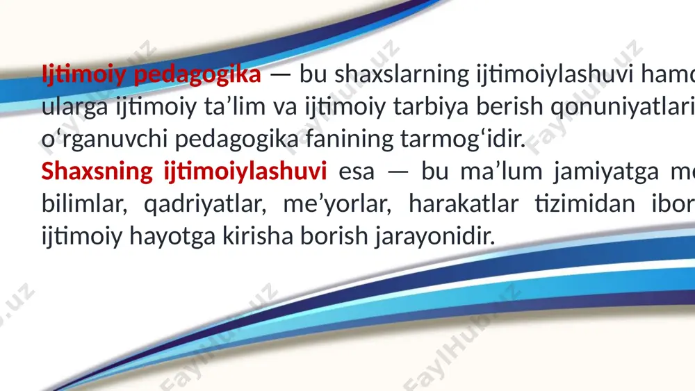 i vafot etganligi sababli yoki aksincha; -ota-onasi nogiron bo`lganligi sababli; -ota-onasi tashlab ketganligi sababli; -ota-onasi vafot etganligi sababli; -ota-onalik huquqidan mahrum etilganligi sababli; -ota-onalik huqulari chegaralanganligi sababli; -ota-onasi noma’lum yoki bedarak yo`qolganligi sababli; -jazoni o`tash koloniyalarida jazo o`tayotganligi sababli; mehribonlik uylarida tashkil etiluvchi jarayon “ijtimoiy pedagogik faoliyat” deb yuritiladi. ijtimoiy pedagogning vazifalari: bola mavqeini aniqlash tarbiyalanuvchining individual rivojlantirish dasturini tuzish bolaning ijtimoiy hayotga moslashuvi integratsiya va reabilitatsiyasini amalga oshirish huquqni muhofaza qilish organlari va ma’muriy tashkilotlarda bola huquqlarini himoya qilish 13 ijtimoiy pedagog vazifalardan kelib chiqib quyidagilarni amalga oshiradi: tashxis qilish, istiqbolli reja tuzish, korreksiya ishlarini amalga oshirish maqsad: bolaning ishonchini qozonish bola haqida tahliliy ma’mulotlar yig`adi. bolaning tibbiy, psixologik, pedagogik reabilitatsiyasini amalga oshiradi bolaga ta’lim-tarbiya berish jarayonida testlar, so`rovnomalar, suhbat, mashqlar, rag`batlantirish, jazolash metodlaridan foydalanadi. 14 mehribonlik uylarida ma'naviy-axloqiy tarbiya 1 bolalarda vatanparvarlik tuyg‘usini shakllantirish va milliy qadriyatlarni singdirish. 2 halollik, rostgo‘ylik, mehribonlik, odob-axloq qoidalariga rioya qilish kabi axloqiy …
