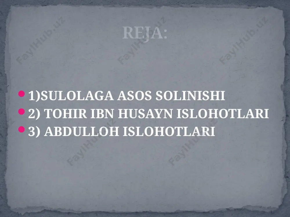bag'dod bilan uzilishga teng edi. oradan ko‘p o‘tmay, tohir vafot etdi. u xalifaning malaylari tomonidan zaharlangan deb taxmin qilinadi. tohirning yaqqol ayirmachilik moyilli giga qaramay, xalifa ma’mun o‘z o‘g‘li talhani (822-828) xuroson hokimi etib tasdiqladi tohirning yana bir oʻgʻli abdulloh (830-844) oʻzini xalifalikka tobe hisoblamay, xuro sonni butunlay musta qilbosh qargan. uning davrida nishopur tohi riylar qarorgohiga aylandi .xalifa mutasim (833-842) abdullohni yomon ko‘rardi, lekin uni bo‘ysundira olmadi. abdullohni zaharlashga urinishlar ham muvaffa qiyatsizlikka uchradi. tohir ibn husayn (821-822) kumush dirhami (2,9 gramm) tohiriylar qattiq hukumat tashkil etish, qishloq xoʻjaligini tartibga solish uchun qatʼiy choralar koʻrdilar. ular suvdan foydalanishni yaxshilash bo‘yicha tadbirlar olib bordilar, yangi kanallar qurdilar. abdullohning ko'rsatmasi bilan mamlakatning yirik huquqshunoslari sug'orish uchun suvdan foydalanish normalarini ishlab chiqdilar. ularning mavzu bo‘yicha yozgan va taqdim etgan insholari ikki asr davomida suvdan foydalanish sohasidagi nizolarni hal etishda qo‘llanma bo‘lib xizmat qildi. tohiriylar boshqaruv siyosati tohir ibn husaynning abdullohga yozgan maktubi …