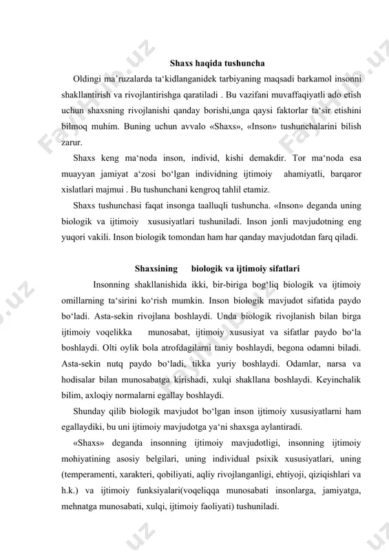 hlari va h.k.) va ijtimoiy funksiyalari(voqeliqqa munosabati insonlarga, jamiyatga, mehnatga munosabati, xulqi, ijtimoiy faoliyati) tushuniladi. «inson deganda uning biologik va ijtimoiy funksiyalarining birikmasi tushuniladi. har bir inson ma’lum bir oilada o‘ziga xos tug‘ma xislatlar bilan tug‘iladi (ota-onadan o‘tadigan sifatlar) va shu oila ta‘sirida uning xarakter xususiyatlari shakllanadi. shuning uchun ham insonlar millati va vatani bir bo‘lsa ham xususiyatlari har-xil bo‘ladi. bu uning o‘zigagina xos «individual» xususiyatlaridir. yuqorida ta‘kidlaganimizdek, inson dunyoda biologik mavjudot sifatida paydo bo‘ladi. uning ijtimoiy mavjudotga, ya‘ni shaxsga aylanishi individual hayoti jarayonida, uzoq davom etgan murakkab rivojlanish davrida ro‘y beradi. «rivojlanish» tabiat, jamiyat va har bir shaxsga taalluqli umumiy xususiyat. «rivojlanish» deganda o‘zgarish, ya‘ni bir turdan ikkinchi, ancha sifatli turga o‘tish, oldinga qarab harakat tushuniladi. inson ham jismoniy ham ma‘naviy jihatdan rivojlanadi. jismoniy rivojlanish - bu og‘irlik va hajmning ortishi, odamning eniga va bo‘yiga o‘sishidir. ma’naviy rivojlanish - bu ongning rivojlanishi, nutq va tafakkurning o‘sishi, tabiat va jamiyatdagi …