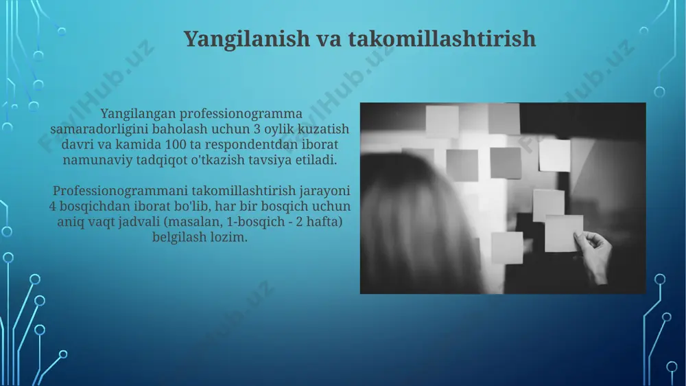 ohalarida malaka oshirish va kadrlarni tanlash jarayonlarini yaxshilash uchun qo'llanilishi mumkin. 5 yildan ortiq davom etgan tadqiqotlar shuni ko'rsatdiki, kasbogrammalar yordamida ishsizlik darajasini 15% gacha kamaytirish mumkin. malaka va kompetensiyalarni aniqlash kasbiy standartlarga asoslangan holda, kamida 10 ta muhim malaka va 15 ta asosiy kompetensiyani aniqlash maqsadga muvofiqdir; bu raqamlar sohaga bog'liq holda o'zgarishi mumkin. savollnoma va intervyu kabi sifatli va miqdoriy tadqiqot usullaridan foydalanib, 20 dan ortiq respondent bilan ma'lumot to'plash orqali malaka va kompetensiyalarni aniqroq tasavvur qilish mumkin. ma'lumotlar yig'ish usullari ma'lumotlarni yig'ishda 50 dan ortiq mutaxassis bilan chuqur intervyular o'tkazish, ularning professional tajribalari va ko'nikmalarini batafsil o'rganish samarali bo'ladi. fokus-guruhlar yordamida 3-5 ta kichik guruhda mutaxassislar bilan muhokama o'tkazish va ularning fikrlarini umumlashtirish orqali professional faoliyatning asosiy jihatlarini aniqlash mumkin. e'tiboringiz uchun rahmat @taqdimot_robot image3.jpg image4.jpg image5.jpg image6.jpg image7.jpg image8.jpg image9.jpg image10.jpg image11.jpg image12.jpg image13.jpg image14.jpg image2.png