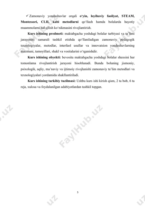 lari yordamida shakllantiriladi. kurs ishining tarkibiy tuzilmasi: ushbu kurs ishi kirish qism, 2 ta bob, 6 ta reja, xulosa va foydalanilgan adabiyotlardan tashkil topgan. i.bob. maktabgacha ta’lim tizimida zamonaviy yonda- shuvlarning nazariy asoslari 1.1.maktabgacha ta’limning mazmuni va maqsadlari rivojlanish konsepsiyasi nuqtayi nazaridan yondashuv. maktabgacha ta’lim tizimi jamiyatning eng muhim bo‘g‘inlaridan biri hisoblanib, kelajak avlodning barkamol, bilimli, ma’naviyatli va jismonan sog‘lom shaxs bo‘lib shakllanishida beqiyos o‘rin tutadi. bolaning ilk yillari inson hayotidagi eng mas’uliyatli va poydevor davri sifatida qaraladi, chunki bu bosqichda u dunyoni anglash, nutq, tafakkur, ijtimoiy moslashuv, hissiy sezgirlik va shaxsiy sifatlarni shakllantirishga asos soladi. shu sababli, maktabgacha ta’limning mazmuni va maqsadlarini belgilash masalasi doimo davlat siyosati, pedagogika fanlari va ijtimoiy hayotning diqqat markazida turadi. bugungi kunda rivojlanish konsepsiyasi nuqtayi nazaridan maktabgacha ta’lim jarayoniga yondashuv yanada chuqurroq ahamiyat kasb etib, uni nazariy va amaliy asoslarda o‘rganish, mazmunini boyitish hamda maqsadlarini to‘g‘ri belgilash dolzarb masalalardan biri bo‘lib qolmoqda. rivojlanish konsepsiyasi …