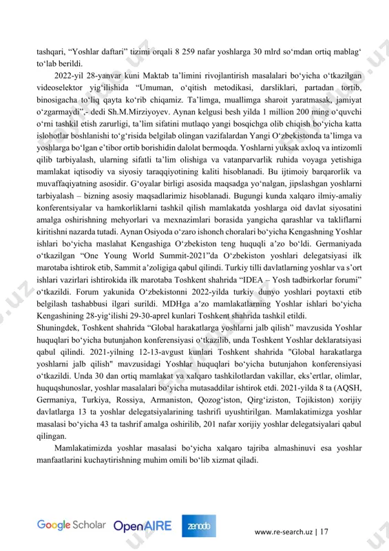 tiqboldagi rejalarni belgilash hamda yangi o‘zbekiston strategiyasini yoshlar orasida keng targ‘ib qilish maqsadida “o‘zbekiston yoshlari forumi-2021” tadbir va loyihalari yangi mexanizm asosida noyabr-dekabr oylarida mahalla-sektor-hudud-respublika darajasida tashkil etildi. besh muhim tashabbus doirasida 51 651 ta sport inshootlari, 826 ta madaniyat markazlari, 10 ming 8 ta umumtaʼlim maktablarida yoshlarni madaniyat va sanʼat hamda sportga jalb etishga qaratilgan 41 mingta to‘garaklar faoliyati yo‘lga qo‘yilib, 1 mln. 100 ming nafar yoshlar jalb qilindi. “it” va raqamli texnologiyalarni rivojlantirish maqsadida 198 ta raqamli texnologiyalar o‘quv markazlari faoliyati yo‘lga qo‘yildi. “bir million dasturchi” loyihasi doirasida 1,2 mln nafardan ortiq yoshlar kom’yuter dasturlash asoslariga be’ul o‘qitilmoqda. shundan, 534 ming nafari o‘qishni muvaffaqiyatli tamomladi. kitobxonlik madaniyatini rivojlantirish maqsadida “yosh kitobxon” tanlovida 300 ming nafar yoshlar, “yosh kitobxon oila” tanlovida 10 mingta yosh oilalar ishtirok etdi. shuningdek, yil davomida 1,2 mln. dan ortiq kitoblar yoshlarga yetkazib berildi. bugungi kunda prezidentimizning tashabbusi bilan mahallalardagi yoshlar bilan ishlash samaradorligini oshirish …