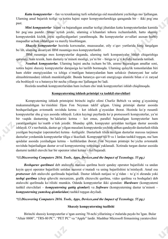 kompyuterlar (pc - personal computer); · bloknot kompyuterlar (notebook). super kompyuterlar – juda katta tezlikni talab qiladigan va katta hajmdagi masalalarni yechish uchun mo`ljallangan bo`ladi. bunday masalalar sifatida ob – havoning global prognoziga oid masalalarni, uch o`lchovli fazoda turli oqimlarning kechishini o`rganish masalalari, global informatsion tizimlar va h.z. keltirish mumkin. bu kompyuterlar bir sekundda 10 trilliardlab amal bajaradi. super kompyuterlarning ma’lum yo`nalish masalalarini yechishga qaratilgan turlari ham mavjud. katta kompyuterlar – fan va texnikaning turli sohalariga oid masalalarni yechishga mo`ljallangan. ularning amal bajarish tezligi va xotira hajmi super kompyuterlarnikiga qaraganda bir – ikki pog`ona past. mini kompyuterlar hajmi va bajaradigan amallar tezligi jihatidan katta kompyuterlardan kamida bir pog`ona pastdir. shuni aytish joizki, ularning o`lchamlari tobora ixchamlashib, hatto shaxsiy kompyuterdek kichik joyni egallaydiganlari yaratilmoqda. bu kompyuterlar avvallari asosan harbiy maqsadlar uchun ishlatilgan va maxfiy hisoblangan. shaxsiy kompyuterlar hozirda korxonalar, muassasalar, oily o`quv yurtlarida keng tarqalgan bo`lib, ularning aksariyati ibm rusumiga mos …