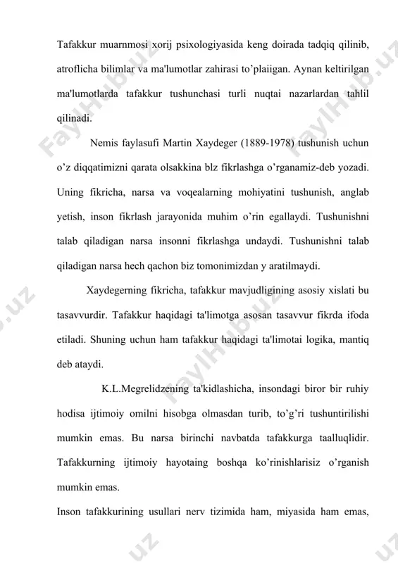 ibiga kiruvchi qism va elementiami birgalikda aks ettirishdan ko’lam jihatidan keng, mazmun jihatidan rang-barangdir, geshtaltchilaming akslomatik xarakterga ega bo’igan ushbu tezisiari mazkur talimot g’oyasini ochib berishga xizmat qiladi. gestaltpsixologiyaning markaziy nazariyasi har qanday psixologik jarayonlaming bosh mohiyati ulaming sezgilarga o’xshash alohida elemetlari emas, balki konfigurasiya shakl yoki gesfataltchllaming yaxiit yaratishidan iborat. geshtaltpsbiologiyada tafakkur muamtnosining tadqiqoti keng qamrovli tarzda olib boriladi. v.kelyorning fikricha, topshiriqni yechish mexanizmi quyidagilardan iborat: organizmning optik maydonidagi vaziyatlamitig muhim elenientlari bir butunlikni, ya'ni vaziyat elernentlariga, geshtak ichiga kirib, geshtalkla qaysi joyni egallashga bog’liq ravishda yangi ahamiyat kasb etadi. vaziyatning muhim eleinentlaridan namoyon bo’luvchl geshtaltchilar muammosi vaziyatda organizmda ba'zi bir zo’riqishlar ta'sirida vujudga keladi, topshiriqni yechish muammoli vaziyatnlng qismlari yangi geshtaltda yangl munosabatda idrok qilina boshlaganida tugallanadi. masalani yechish aniq qadamlami yuzaga keltiruvchi geshtalt sifatida maydonga chiqadi. geshtaltchilarning ayrimlari "yo’nalish" atamasini qo’llab, uni o’tmish tajribasi bilan bog’lashga intiladiiar. shuningdek, ular "tafakkurning evrestik metodlari" to’g’risidagi tushiinchadan ham foydalanadilar. bunda …
