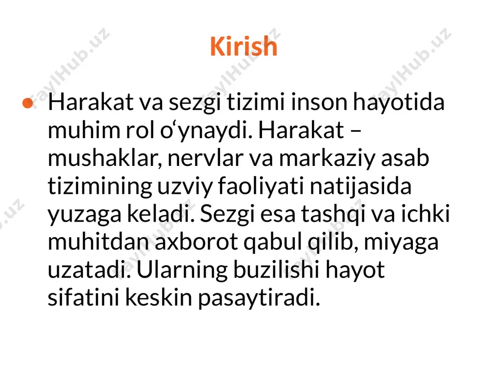 ar: tizza (patellyar), axilles, biceps va triceps reflekslari. shuningdek, patologik reflekslar (babinskiy belgisi) aniqlanadi. koordinatsiya testlari ● romberg testi – bemor ko‘zini yumgan holda tik turishi baholanadi. ● barmoqlar-burunga testi – bemor ko‘zini yumib barmog‘i bilan burun uchini ko‘rsatadi. ● diz-o‘tkir test – oyoq bilan boshqa oyoq tizzasini tekkizish. sezgi tekshiruv usullari ● yuzaki sezgi: og‘riq (ignadan foydalaniladi), teginish (paxta yordamida), harorat (issiq-sovuq idishlar) tekshiriladi. chuqur sezgi ● bo‘g‘im-mushak sezgisi – bemorning ko‘zini yumib, qo‘l-oyoqlarining holatini aniqlashi. ● vibratsiya sezgisi – tuning fork yordamida baholanadi. murakkab sezgi ● ikki nuqtani ajratish testi (kompas yordamida). ● grafesteziya – kaftga yozilgan raqamni aniqlash. ● stereognoziya – ko‘rmasdan predmetni aniqlash. instrumental usullar ● elektromiografiya (emg) – mushak faoliyatini baholaydi. ● elektroensefalografiya (eeg) – miya faoliyatini yozadi. ● magnit-rezonans tomografiya (mrt) va kompyuter tomografiya (kt). klinik misollar ● insult – chap yarim shar zararlanganda o‘ng qo‘l-oyoqlarda falaj. ● diabetik neyropatiya – oyoqlarda sezgi pasayishi. …